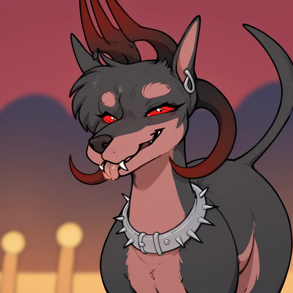 score_9_up, score_8_up, feral female, dog, hellhound, dobermann, monica \(halbean\), solo, horns, red fur, cute, kawaii, tongue out, silly face, outside, detailed background, ((art by atryl)), <lora:Monica-000009:1>