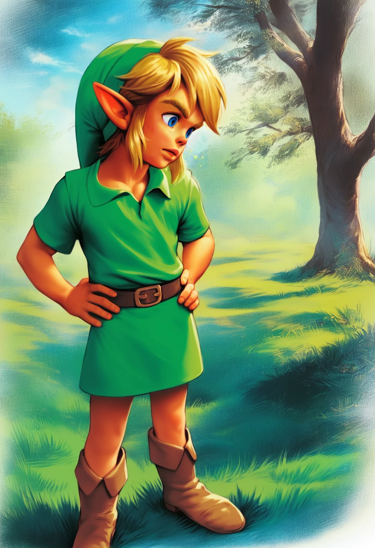 score_9, score_8_up, score_7_up, score_6_up, score_5_up, score_4_up, marlier, BREAK,
1boy, link, blonde hair, blue eyes, hat, pointy ears, green tunic, belt, boots, hands on hips, solo, outdoors, grass, blue sky, moutains background       <lora:MarcelMarlierXLLocon:1>