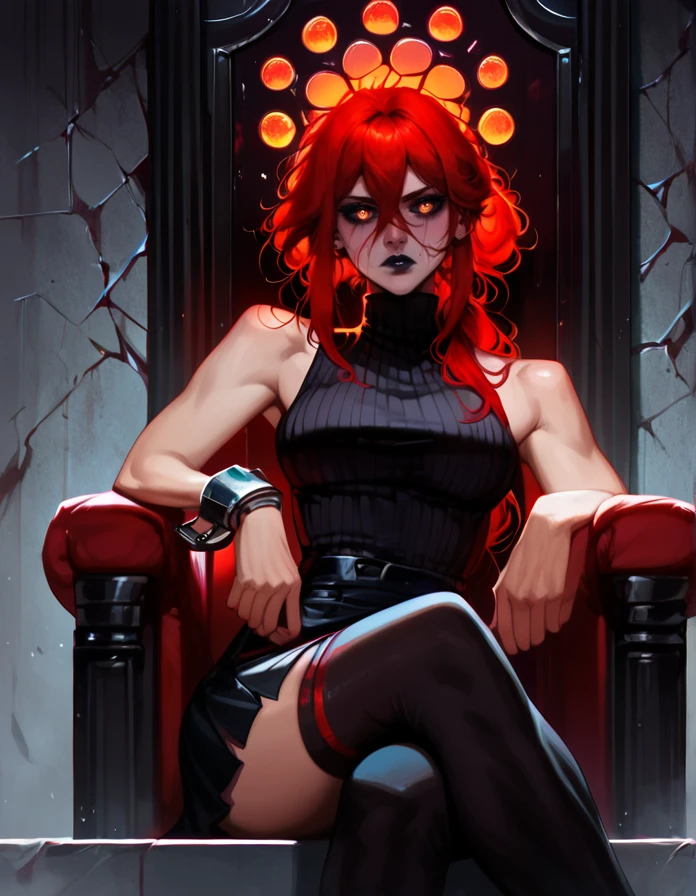 score_9, score_8_up, score_7_up,     detailed background, realistic lighting, sitting on throne, 
1 girl, detailed eyes,slim and fit, solo, dynamic pose,  mature adult female,
Kydra, red hair, hair glow, dark lips, sleeveless turtleneck, skirt, thigh highs, metal cuffs, 
<lora:Kydra-000010:0.8>,
 <lora:Pony - Style - LeraPi:1>, aleriia,