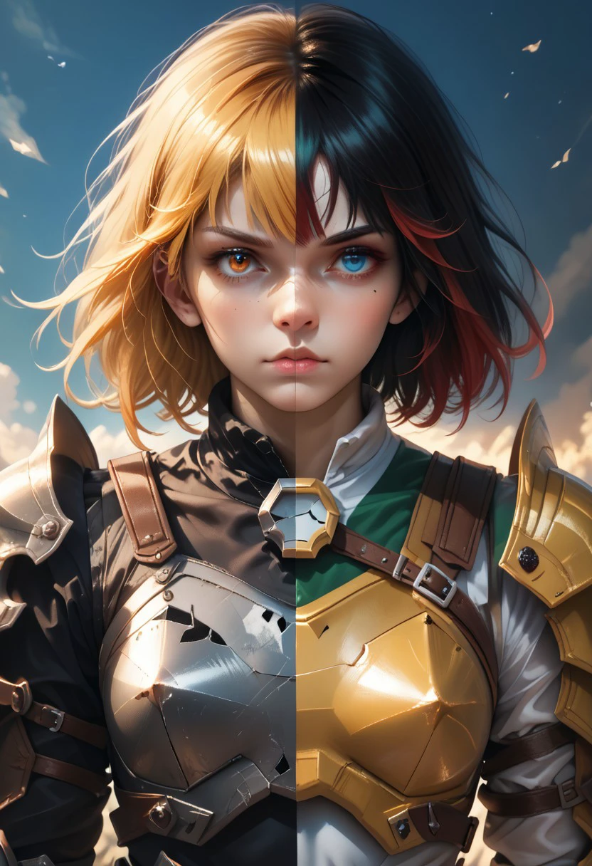 score_9_up, score_8_up, score_7_up, REALISTIC, DUALITY SEGMENTATION, 
MIX OF (girl)AND (armor furry),
HETEROCHROMIA, SPLIT-COLOR HAIR