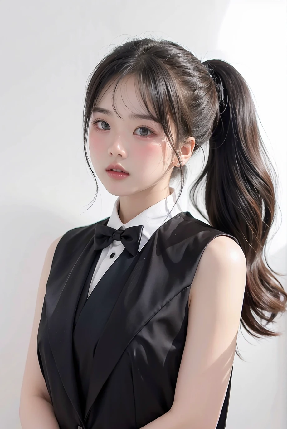 1girl, black  random formal attire, white background,   <lora:guylarinx-02:1>