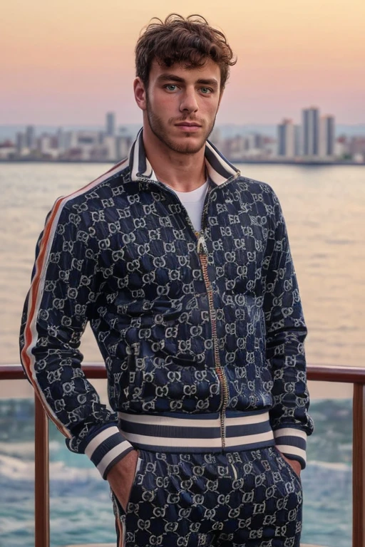 photograph of a man,High resolution handsome guy, highly detailed, (look at viewer) bokeh background, at luxury cruise,, sunset, morning, sunburnt,  <lora:add_detail:0.7>   <lora:yuvalsliper:0.8> yuvalsliper, (perfect eyes) wearing gucci gg tracksuit <lora:gucci_gg_jacquard_tracksuit:0.6>, (masterpiece,best quality:1.5)