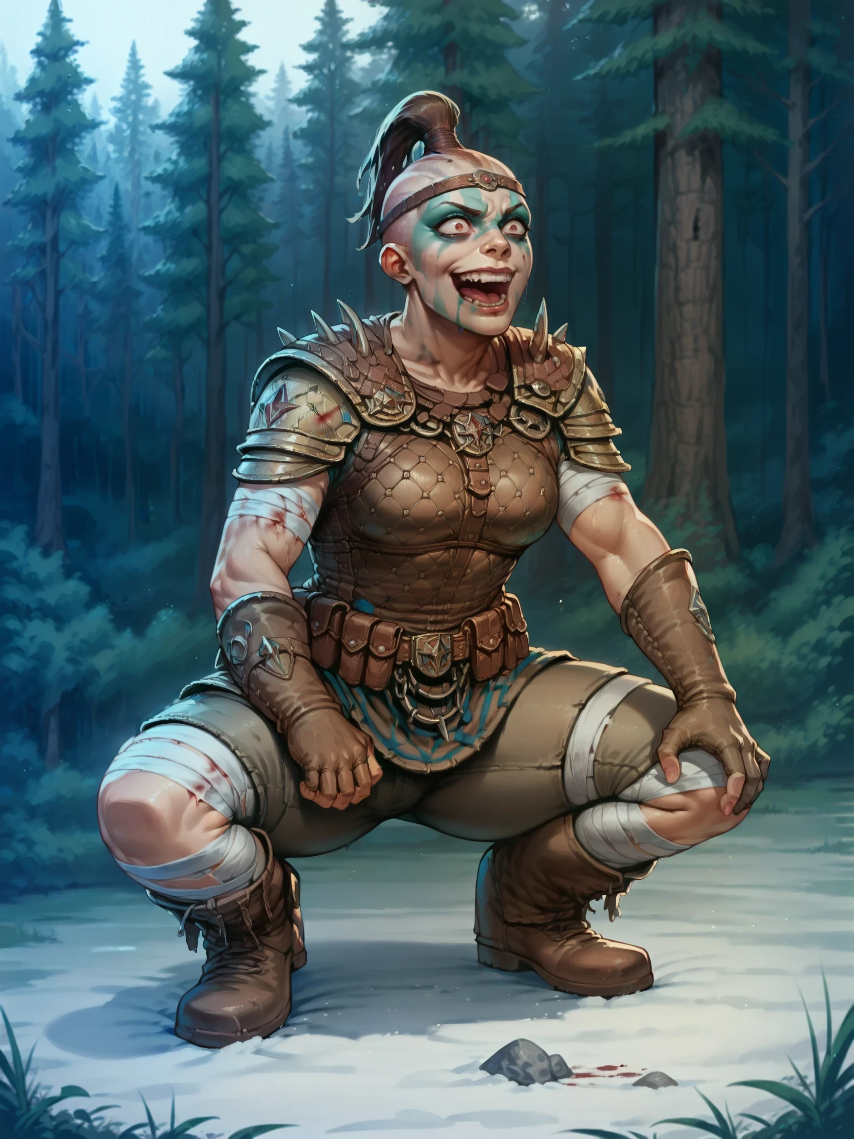 (((crouching, tilted head, crazy look, bloody))), Sham4nForHonor, 1girl, score_9, score_8_up, score_7_up, masterpiece, outdoors, forest, snow, warpaint,  shaved head, topknot, leather headband, gloves, boots, bandages, pants, pouches, armor,  ((night)), 