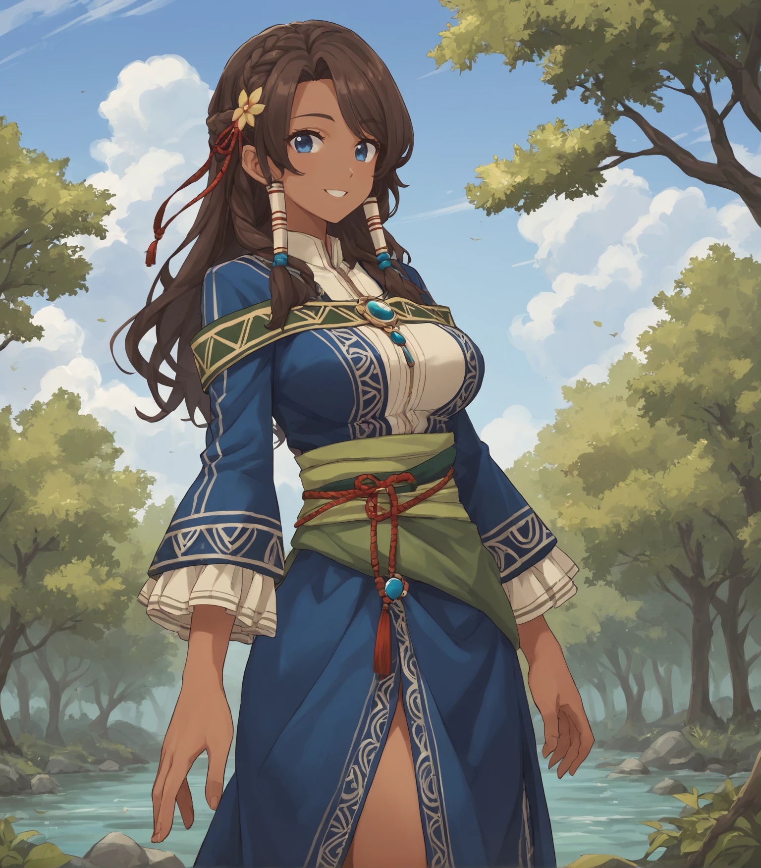 score_9, score_8_up, score_7_up, score_6_up, score_5_up, score_4_up, BREAK source_anime,
1girl, solo, cowboy shot looking at viewer, smile, outdoors, sky, trees,
<lora:FatmaWorzel:0.9>, Fatma Worzel, brown hair, long hair, blue eyes, braid, hair ornament, hair tubes, dark-skinned female, large breasts, blue dress, brown boots, jewelry,