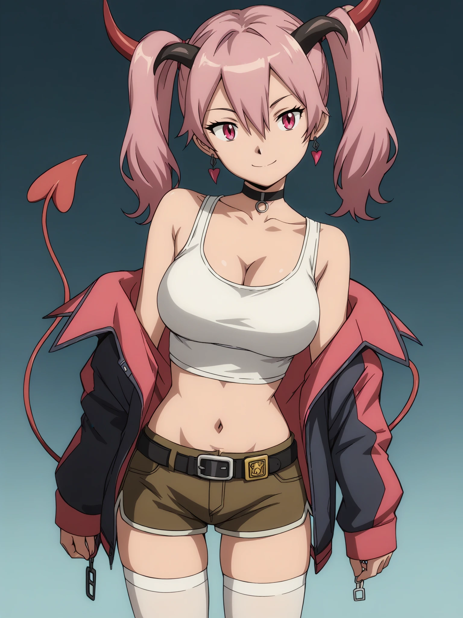 score_9, score_8_up, score_7_up, score_6_up, score_5_up,
1girl, solo, breasts, tail, pink_hair, horns, demon_tail, shorts, jacket, twintails, large_breasts, smile, looking_at_viewer, long_hair, navel, choker, black_background, pink_eyes, short_shorts, belt, demon_girl,  pink_jacket, demon_horns, simple_background, tank_top, open_jacket, cleavage, black_shorts, open_clothes, thighhighs, off_shoulder, bare_shoulders, closed_mouth, head_tilt, hair_between_eyes, cowboy_shot, jewelry, micro_shorts, collarbone, black_choker, white_thighhighs, crop_top, bangs, earrings, clothes_writing, shirt, midriff, standing, see-through, contrapposto, long_sleeves
 <lora:Digimon:1>