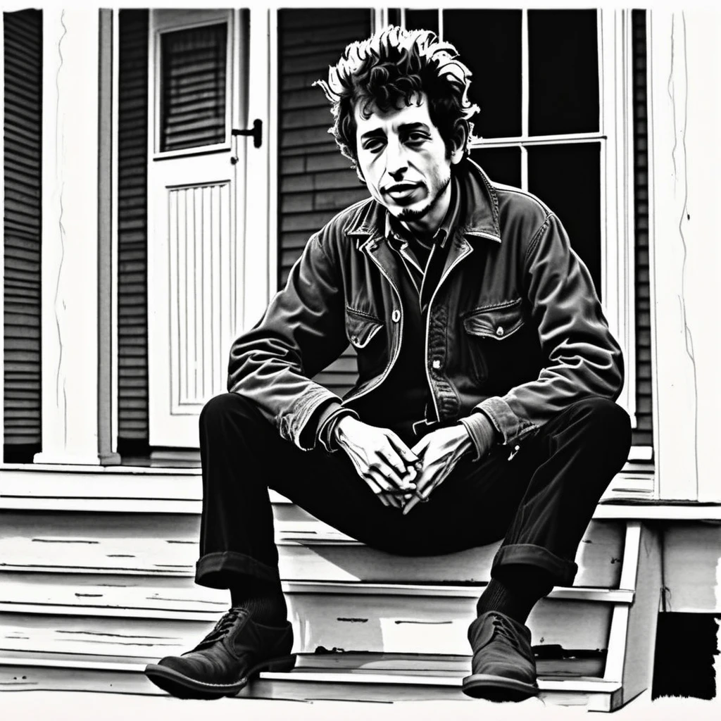 a detailed ink drawing of Bob Dylan sitting on the front porch of a 1950s nantucket home, in the style of tcc_clipart