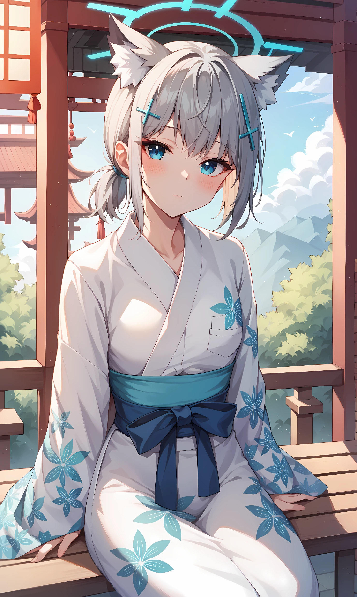 score_9, score_8_up, score_7_up, score_6_up, BREAK source_anime, 1girl, solo, indoors, shrine, cowboy shot, looking at viewer, shiroko, blue eyes, grey hair, short hair, low ponytail, sidelocks, cross hair ornament, fox ears, halo, yukata, wide sleeves, floral print, sitting, on bench, closed mouth, blush