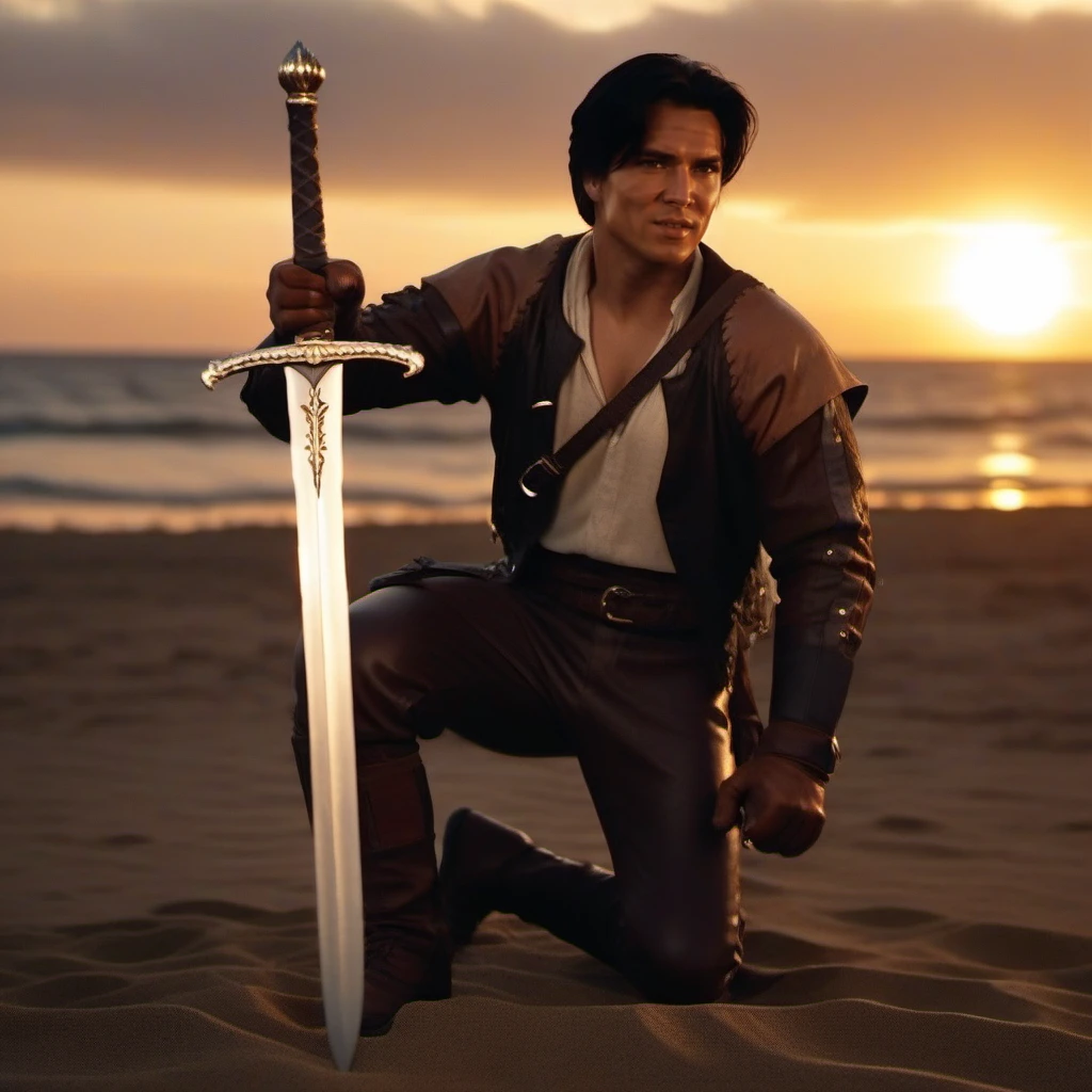 cinematic photo a full body portrait of a man, realistic, black hair, jacket, leather, holding a sword, kneeling on a beach, sunset <lora:RidleyFreeborn1024:0.8> . 35mm photograph, film, bokeh, professional, 4k, highly detailed