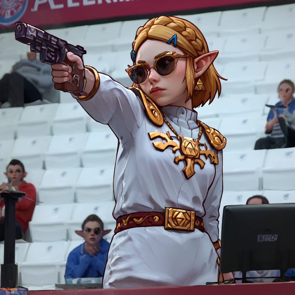 embedding:Pony\Positive\zPDXL2, score_9, score_8_up, score_7_up, 1girl, princess Zelda, legend of Zelda, yeji_shootingpose, holding weapon, holding gun, pistol, aiming, glasses