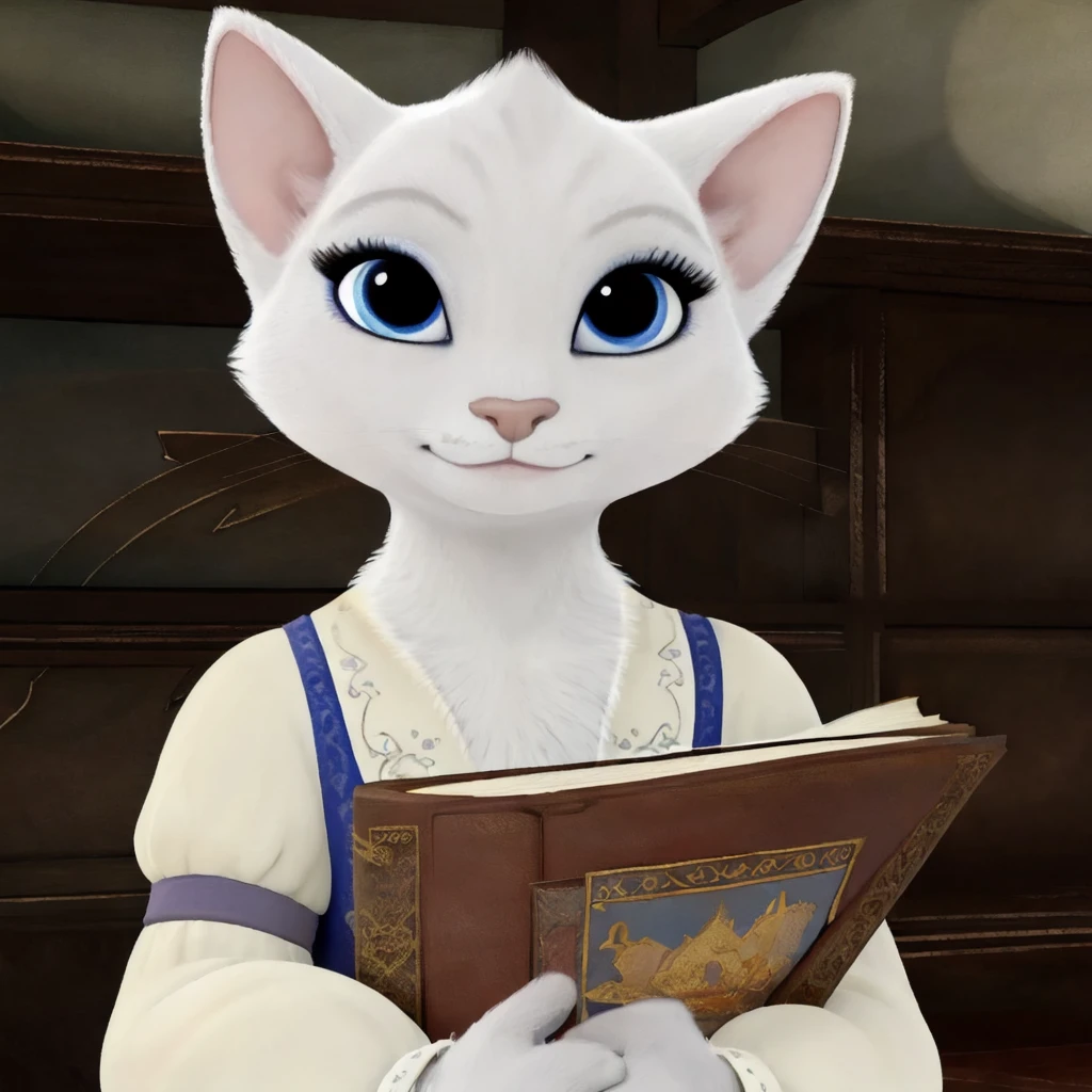 <lora:Dulcinea:0.7>, Dulcinea, cat, furry, inside, library, fantasy, tapping head, holding book, head tilt, looking at viewer, flat colors, <lora:add_detail - detail tweaker:-1>, <lora:add_brightness:0.5>