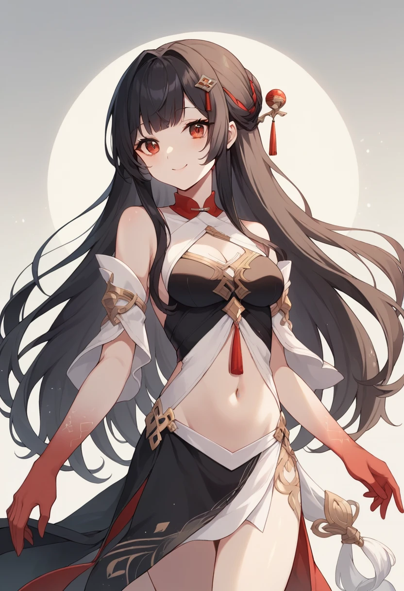 (score_9,score_8_up,score_7_up,),uncensored,
<lora:HSR_LS.V1.4_pony:1>,HSR_LS,1girl,solo,black and white dress,black hair,red hand,looking at viewer,smile,detached sleeves,closed mouth,gold striped dress,red eyes,hairpin,white silk bracelet,navel,cowboy_shot,looking_at_viewer,face_focus,