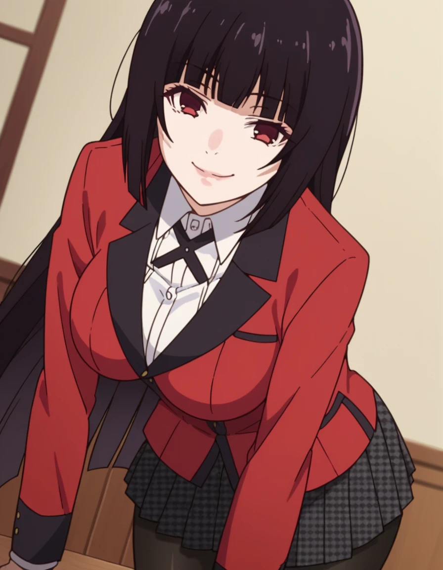 score_9, score_8_up, score_7_up, source_anime, <lora:yumeko-jabami-s2-ponyxl-lora-nochekaiser:1>, yumeko jabami, long hair, bangs, black hair, very long hair, blunt bangs, hime cut, red eyes, large breasts,, skirt, shirt, school uniform, jacket, white shirt, pantyhose, pleated skirt, collared shirt, black pantyhose, blazer, red jacket,, indoors, bent over, smile, smug, looking at viewer, solo,, cowboy shot, dutch angle