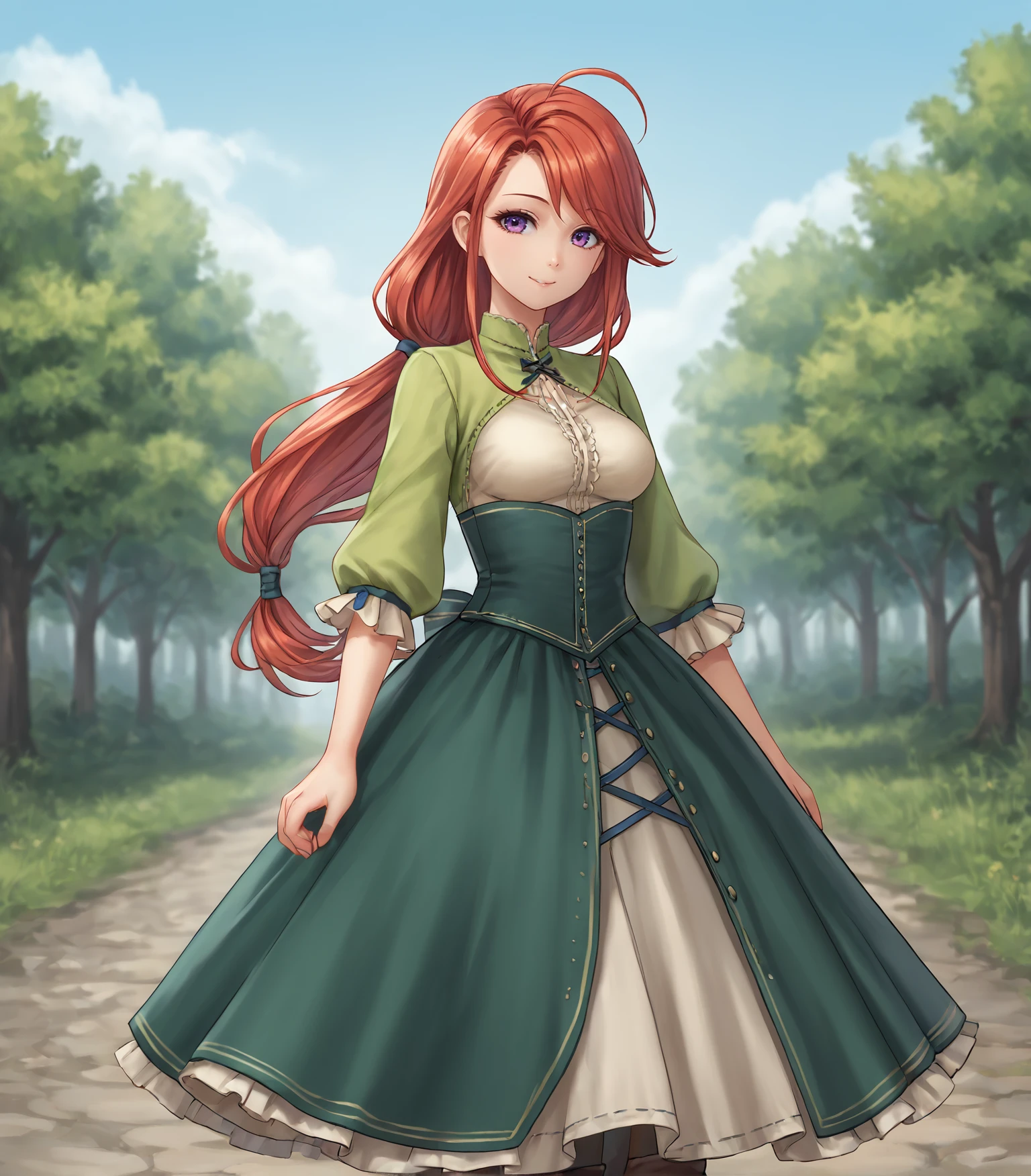 score_9, score_8_up, score_7_up, score_6_up, score_5_up, score_4_up, BREAK source_anime,
1girl, solo,  cowboy shot  looking at viewer, smile, outdoors, sky, trees, 
<lora:Racoonkun_Artist_Style:0.6>, racoonsan,,  
 <lora:FionaCraig:0.9>, Fiona Craig, long hair, red hair, low-tied long hair, ahoge, purple eyes, medium breasts, green dress, ruffles, long skirt, corset, black pantyhose, brown boots,