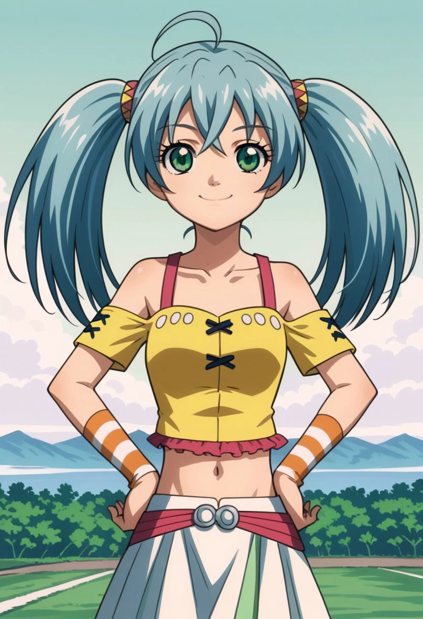 score 9, score 8 up, score 7 up,masterpiece_portrait, high quality, masterpiece_portrait, high quality, anime coloring, bakugan, runo misaki, 1girl, solo, twintails, skirt, long hair, bare shoulders, midriff, hands on hips, navel, ahoge, striped, striped socks, socks, smile, green eyes,scenery