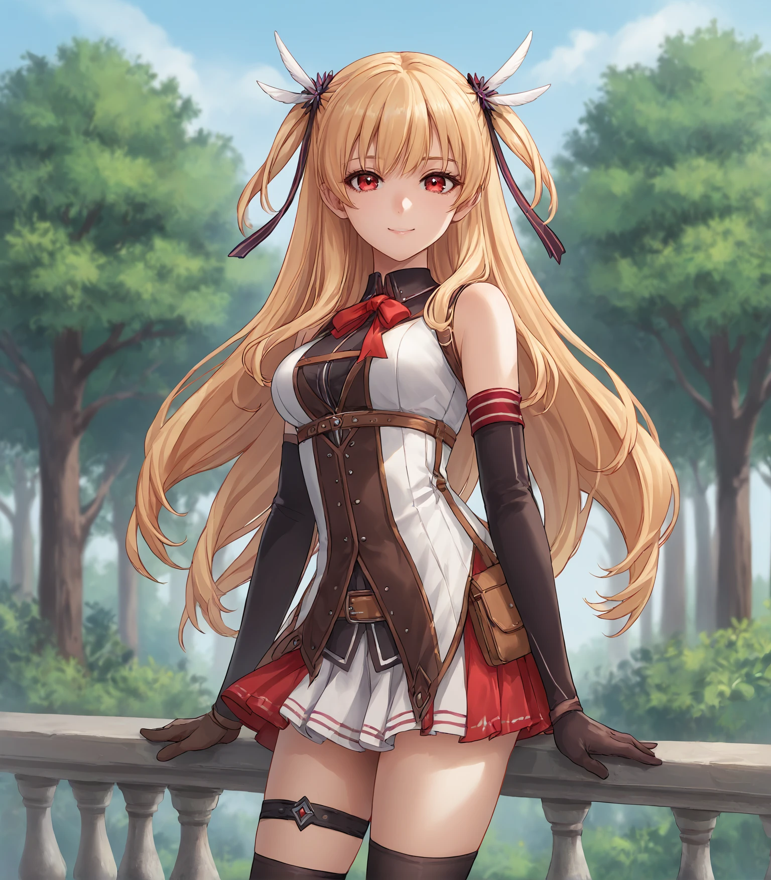 score_9, score_8_up, score_7_up, score_6_up, score_5_up, score_4_up, BREAK source_anime,
1girl, solo,  upper body, portrait  looking at viewer, smile, outdoors, sky, trees, 
<lora:Racoonkun_Artist_Style:0.6>, racoonsan,,  
 <lora:AlisaReinfordCS2:0.9>, Alisa Reinford, blonde hair, long hair, red eyes, medium breasts, two side up,  hair ornament, dress, bare shoulders, red bow, pleated skirt, elbow gloves, thigh strap, black thighhighs, red high heels