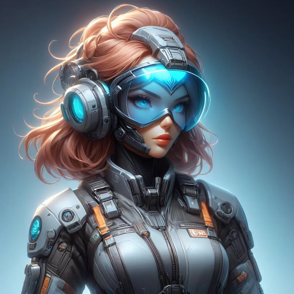 FFAOR, 1woman, sci fi pilot, sci fi equipment, glowing blue visor over eyes