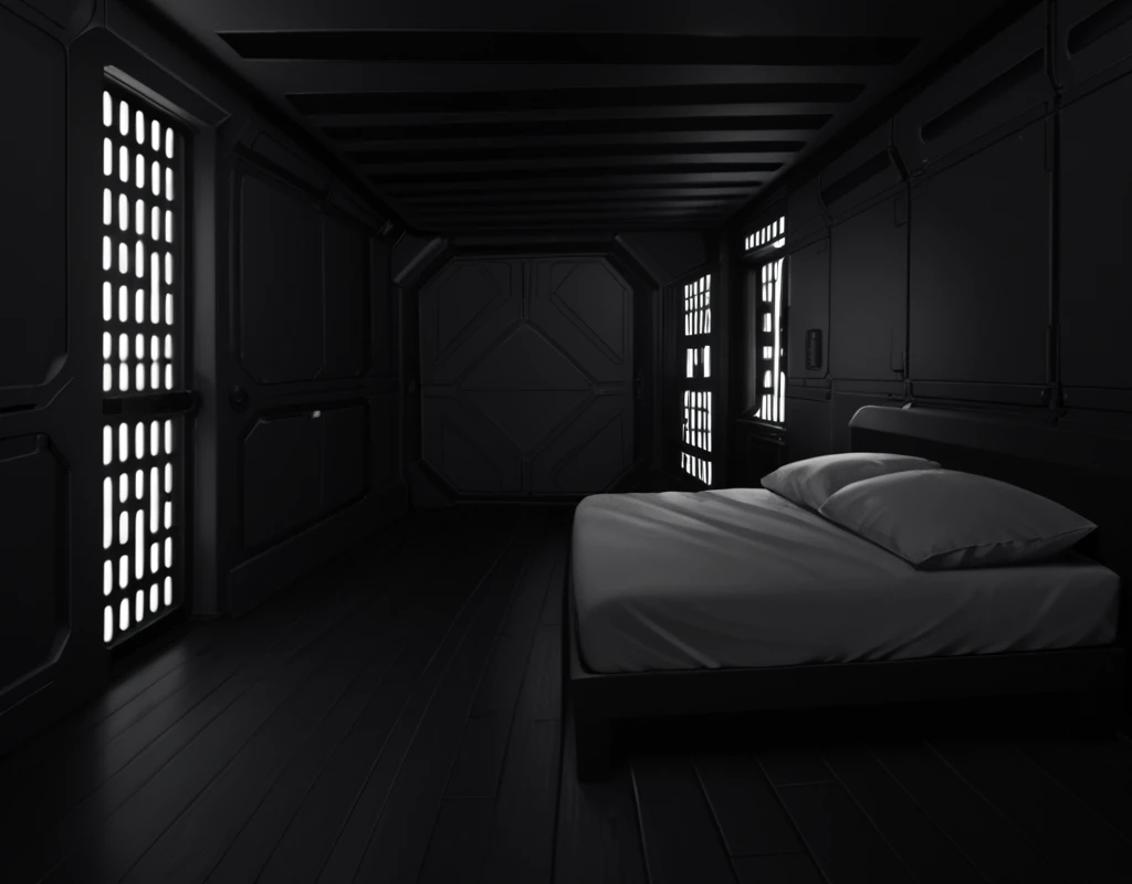 score_9, score_8_up, score_7_up, Imperial-Style, Imperial-Tech, Star Wars, monochrome, indoors, window, night, shadow, scenery, wooden floor, stairs, tiles, door, light, dark, tile floor, ceiling, bedroom, bed, pillows, ceiling light, realistic  <lora:SW_Imperial_Style:1>