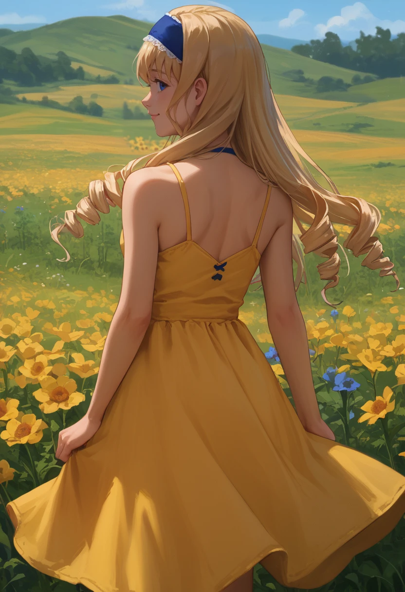 score_9, score_8_up, score_7_up, source_anime, from behind, solo, 1girl, c3ciliaalcott, smile, looking back, drill hair, blue hairband, yellow sundress, bare shoulders, outdoors, flower field <segment:yolo-face_yolov8m.pt>