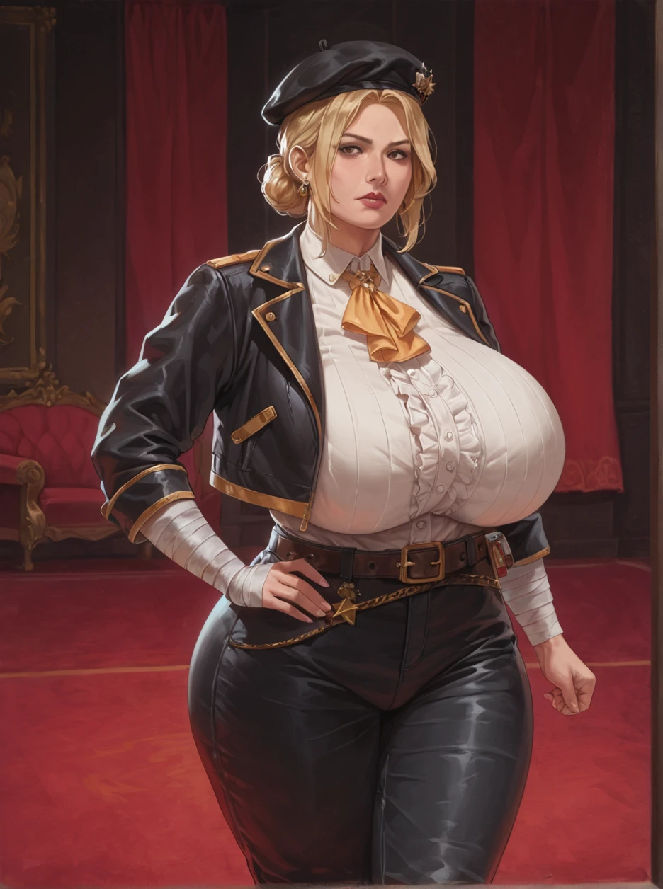 score_9, score_8_up, score_7_up, masterpiece,asian, 1girl, solo, blonde hair, black beret, black pants, bandages, black jacket, bandaged leg, belt,  <lora:Yun_Jin_Lee_-_Dead_by_Daylight:0.6>,  gigantic breast, huge ass, hyper hips, thick body, mature,  <lora:HKHorrorXL:1>  <lora:sn0wStyle:1> upper body,  casino