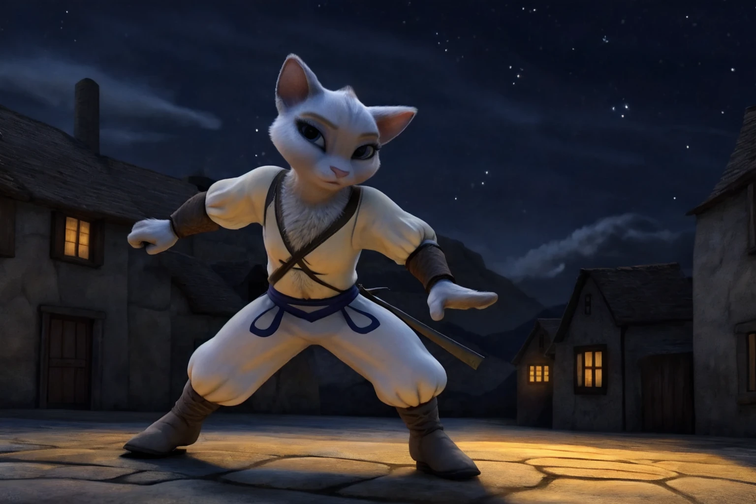 <lora:Dulcinea:0.7>, Dulcinea, cat, furry, hands on floor, full body, wide shot, ninja pose, ninja outfit:1.3, half-closed eyes, night, stars, glowing, medieval, town, looking at viewer, dynamic lighting