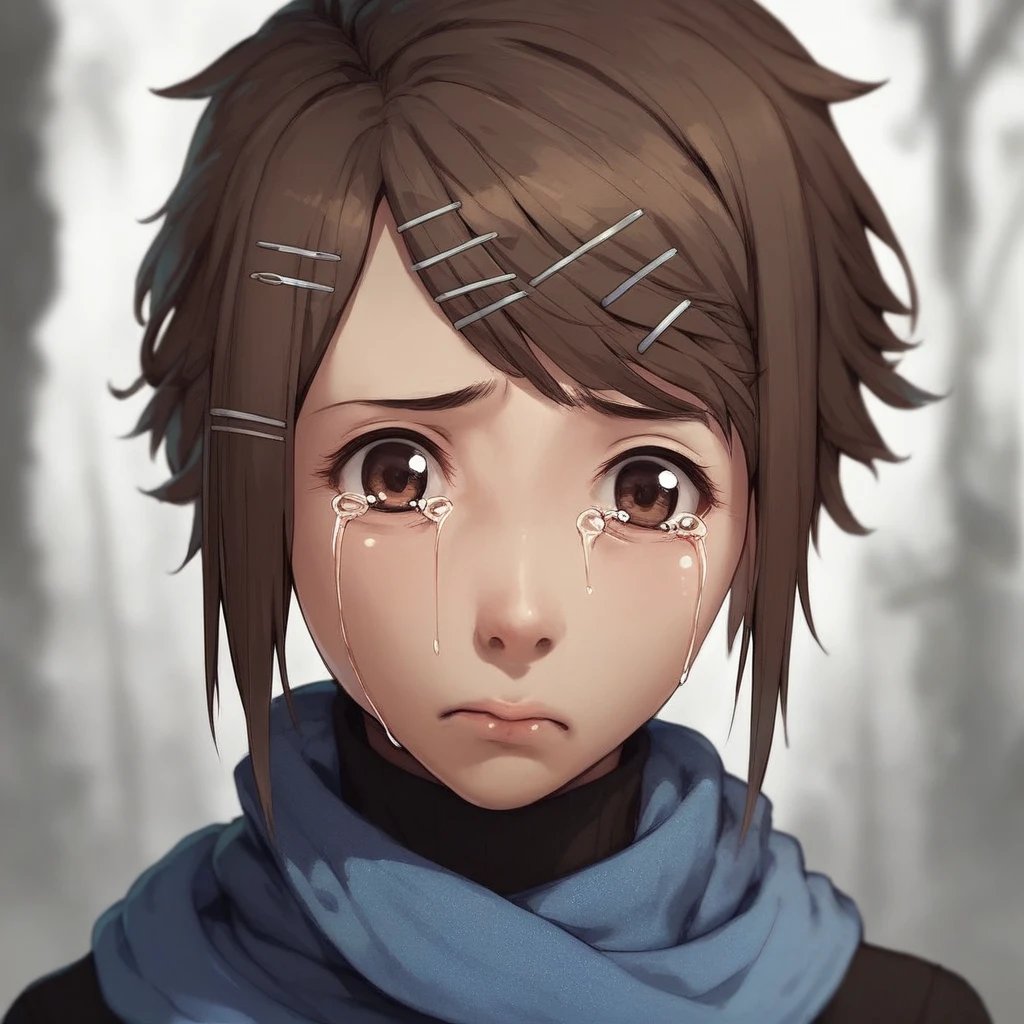 score_9, score_8_up, score_7_up, score_6_up, Zuru, Blame!, 1girl solo, looking at viewer, short hair, forest background, brown hair, hair ornament, dark background, closed mouth, brown eyes, upper body, hairclip, tears, blurry, scarf, lips, crying, x hair ornament, turtleneck