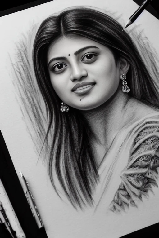 KayalAnandhi,<lora:KayalAnandhiSD1.5:1>sketching on ivory paper with charcoal pencil, in the style of realistic hyper-detailed portraits, digital airbrushing, monochrome , commission for, i can't believe how beautiful this is