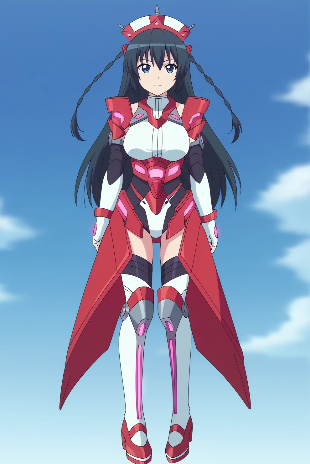 (masterpiece), best quality, nice body, expressive eyes, perfect face, beauty face girl, 1girl, solo, natural beauty, ishtar, ishtar fate, Purple Eyes, black hair, Gold hair ribbon, long hair, twintails hair, ribbon, sidelocks, two side up, black thigh highs, Humanoid, Simple armor, Red and White color Armor suit, Valkyrie, Astray Red Frame, Armor chest, safety breast, thighhighs, Sky background, stand, standing, standing full body, character sheet, upper body, portrait, looking at viewer, Gundam backpack, Booster backpack, medium breast, Fly high, full body