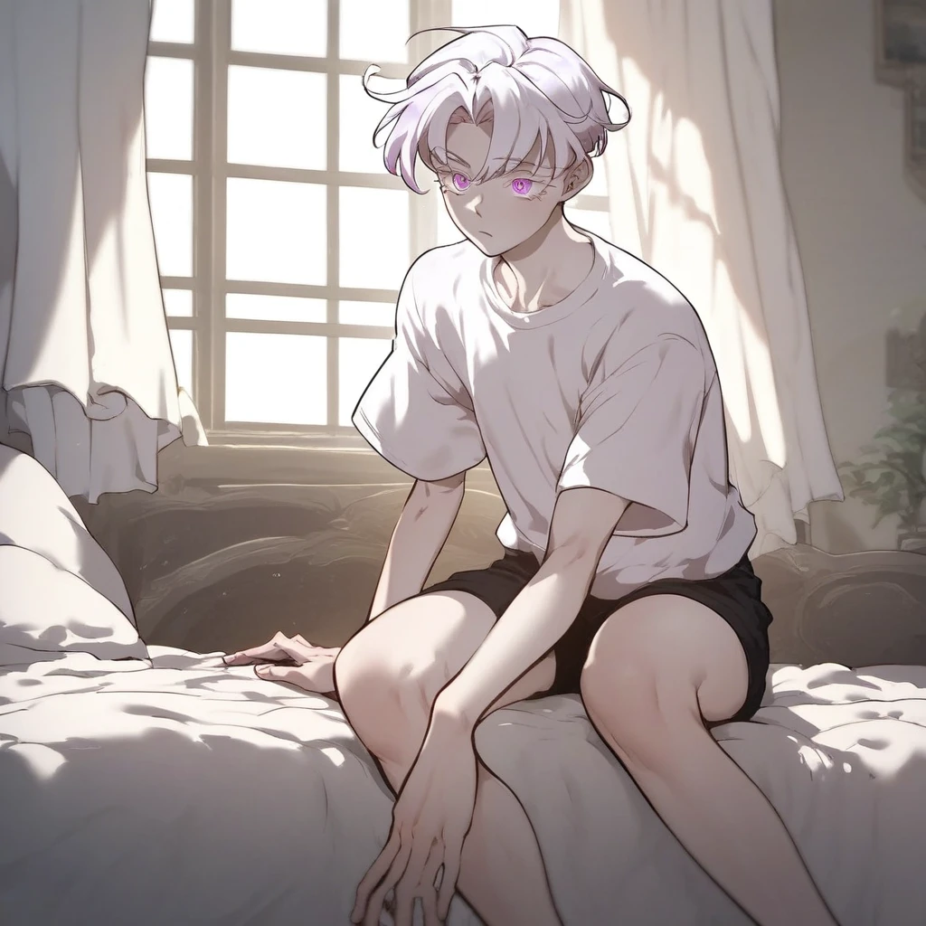 score_9, score_8_up, score_7_up, Alea, tomboy, white hair, violet eyes,  solo, short hair, shirt, 1girl, sitting, purple eyes, white shirt, white hair, female focus, shorts, indoors, pink eyes, window, bed, on bed, black shorts, curtains