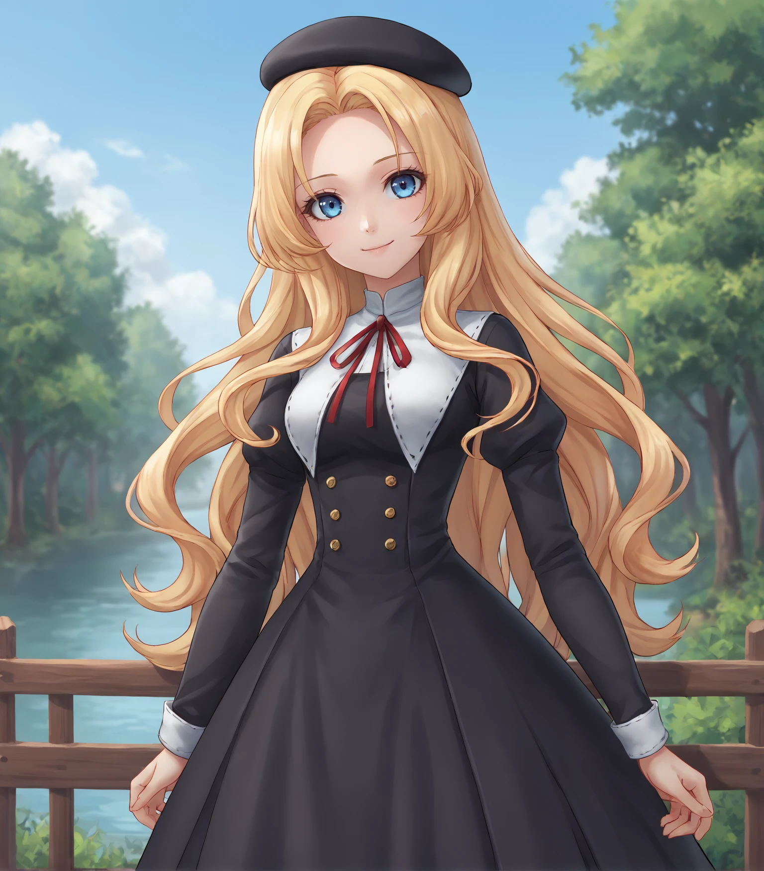 score_9, score_8_up, score_7_up, score_6_up, score_5_up, score_4_up, BREAK source_anime,
1girl, solo,  upper body, portrait  looking at viewer, smile, outdoors, sky, trees, 
<lora:Racoonkun_Artist_Style:0.6>, racoonsan,,  
 <lora:AlfinReiseArnorStAstraia:0.9>, Alfin Reise Arnor, blonde hair, blue eyes, medium breasts, hat, black dress, red ribbon, black pantyhose, black shoes,