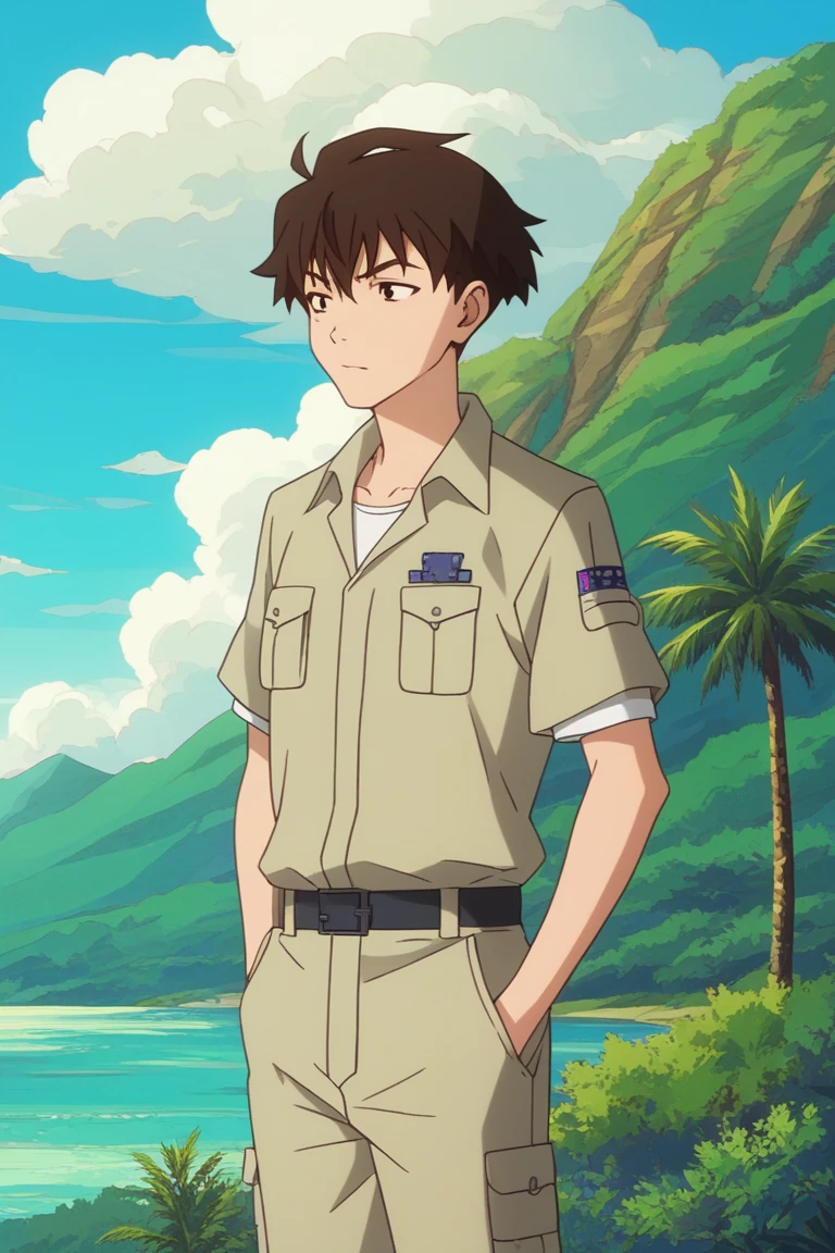 score_9, score_8_up, score_7_up, score_6_up, masterpiece, best quality, amazing quality, best aesthetic, absurdres, intricate details, official style
makoto edamura, brown hair, brown eyes, 1boy, male focus, outdoors, solo, sky, cloud, breast pocket, day, pocket, tree, shirt, blue sky, short sleeves, mountain, belt, collared shirt, white shirt, safari jacket, brown shorts<lora:EMS-447424-EMS:1.000000>