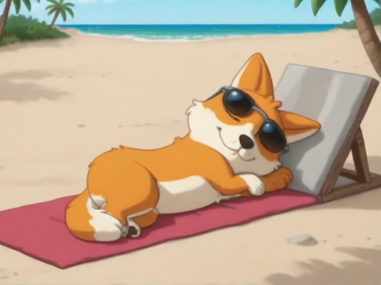 score_6_up, score_7_up, Elsahb, corgi, dog, outside, beach, on side, wearing sunglasses, smile, sleeping, elevation, palm tree, tropics, clear water, dunes:0.25, beach towel, beach umbrella