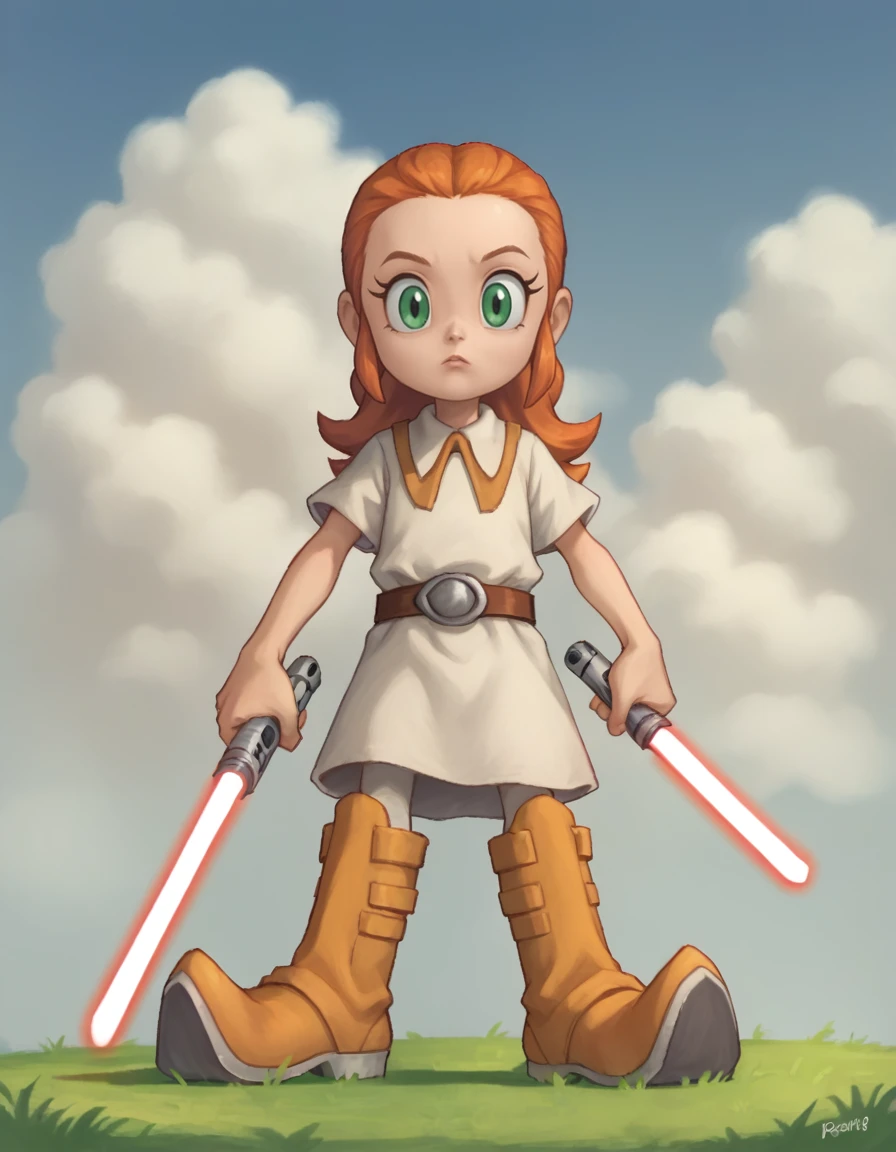 score_9, score_8_up, score_7_up, score_6_up, score_5_up, score_4_up, 1girl, solo, looking at viewer,
<lora:RollyRoll v1:0.8> rolly roll, orange hair, green eyes, long hair, child, hair between eyes, hair slicked back, jedi wearing a lightweight Jedi tunic,woven fabric belt,worn-out Jedi boots,  datapad, holding a lightsaber with yellow blade, star_wars,
grass, sky, cloud, ojou-sama pose, curious