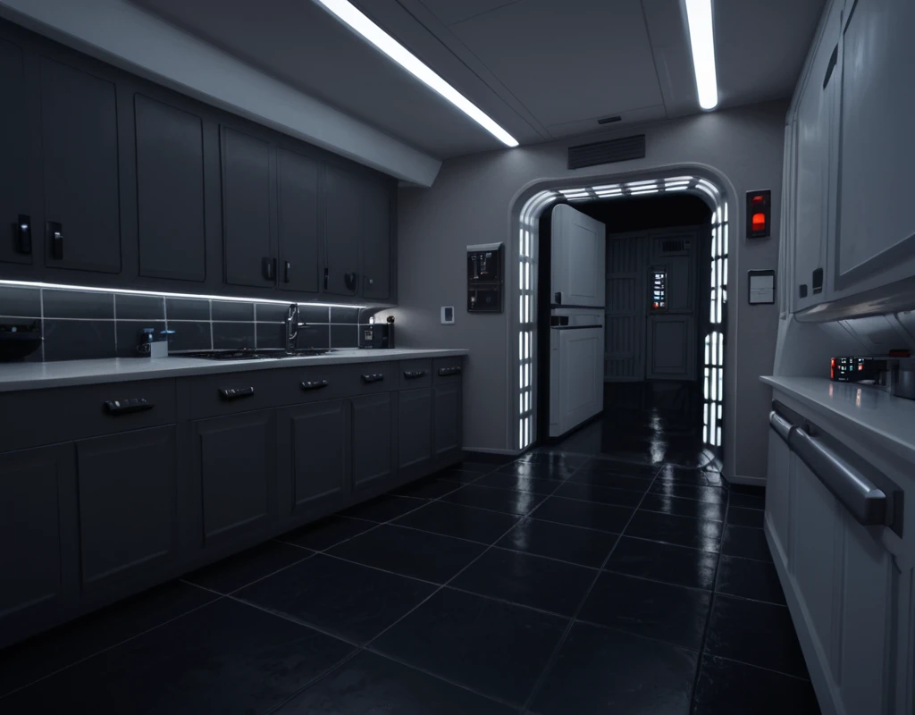 score_9, score_8_up, score_7_up, Imperial-Style, Imperial-Tech, Star Wars, indoors, window, night, shadow, scenery, floor, stairs, tiles, door, light, dark, tile floor, ceiling, kitchen, refrigerator, countertops, stove, ceiling light, black walls, wall lights, realistic  <lora:SW_Imperial_Style:1>