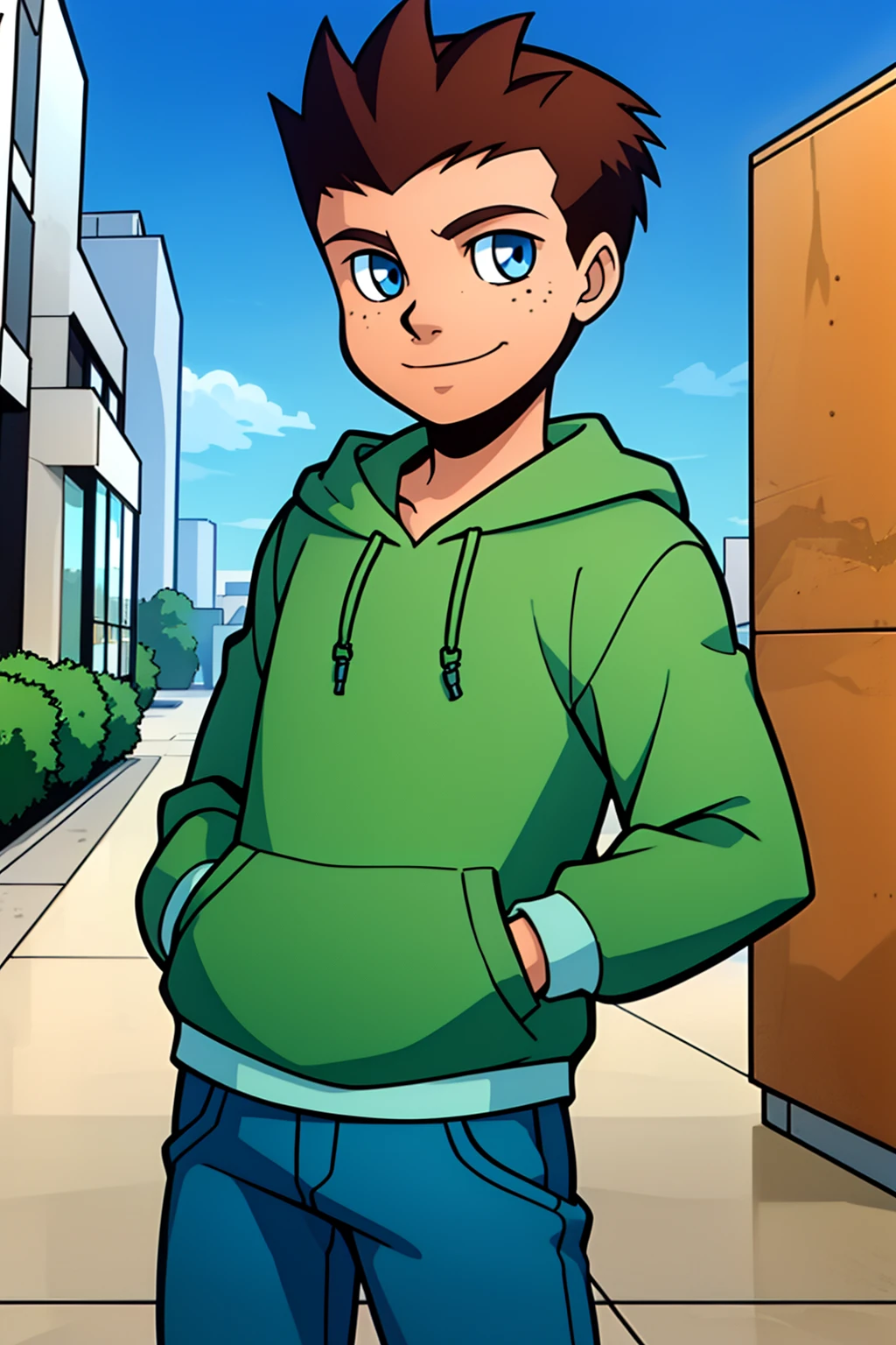 Jack_power,1boy,solo,hands in pockets,male focus,brown hair,short hair,spiked hair,blue eyes,freckles,green hoodie,blue pants,smile,looking at viewer