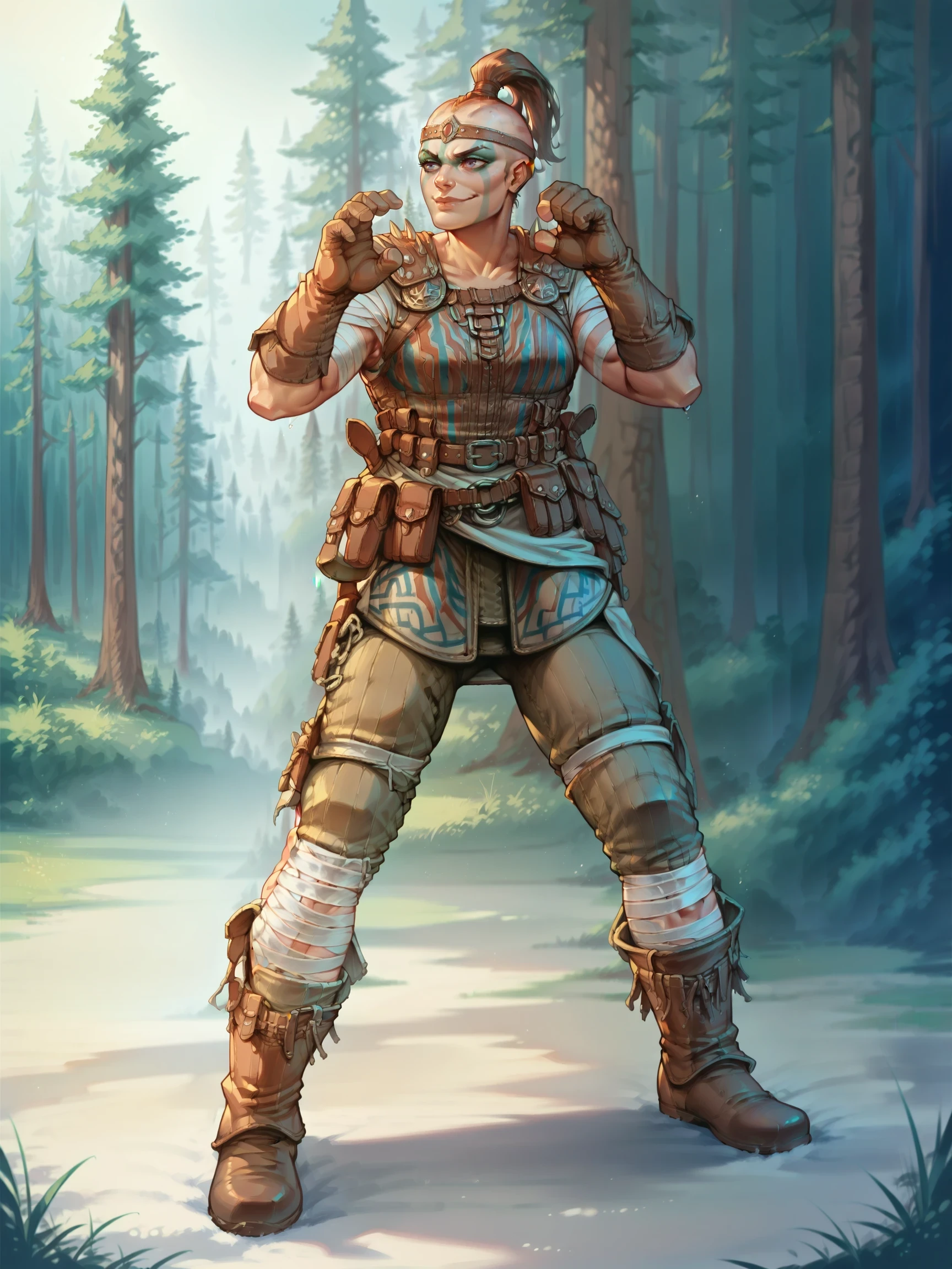 Pretending to be in a surfing pose, Teasing, A playful smirk, a raised eyebrow, and a hint of dominance, Sham4nForHonor, 1girl, score_9, score_8_up, score_7_up, masterpiece, outdoors, forest, snow, warpaint,  shaved head, topknot, leather headband, gloves, boots, bandages, pants, pouches, armor, 