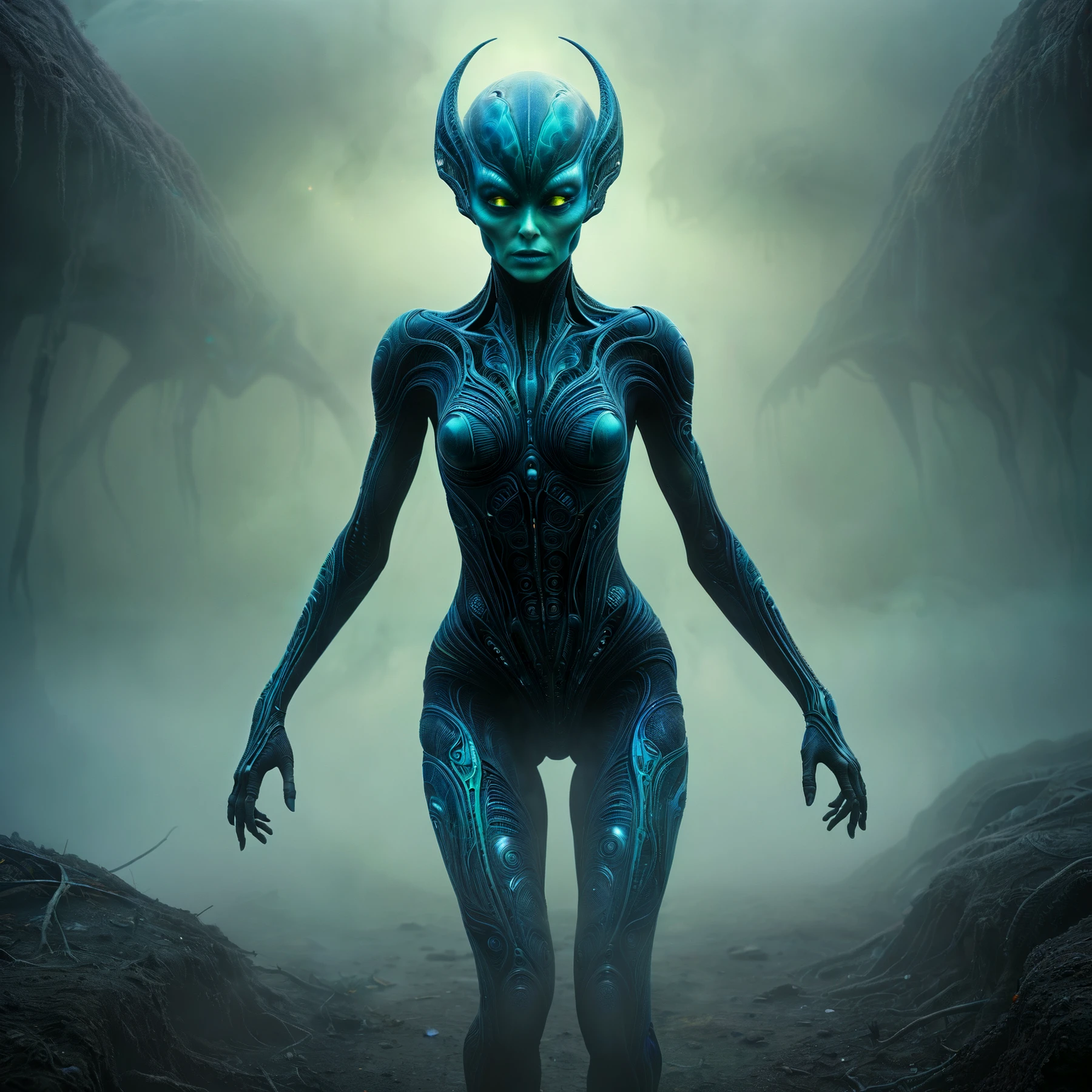 An alien woman in an elaborate and detailed alien bodysuit emerging from alien fog. Rustic. Dark.

<lora:Twixt01_CE_SDXL:0.8> twxtCE