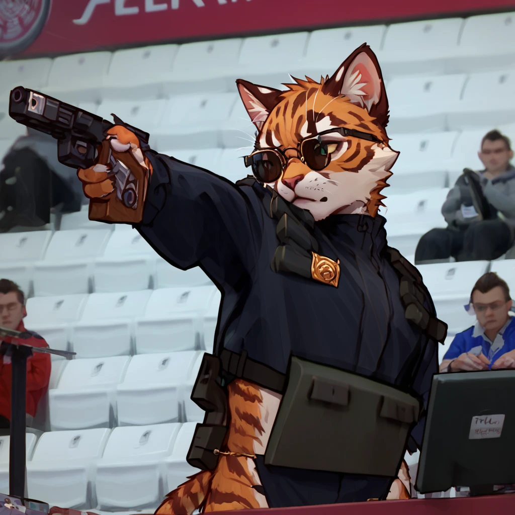 embedding:Pony\Positive\zPDXL2, score_9, score_8_up, score_7_up, 1furry, furry, feline, yeji_shootingpose, holding weapon, holding gun, pistol, black uniform, aiming, glasses