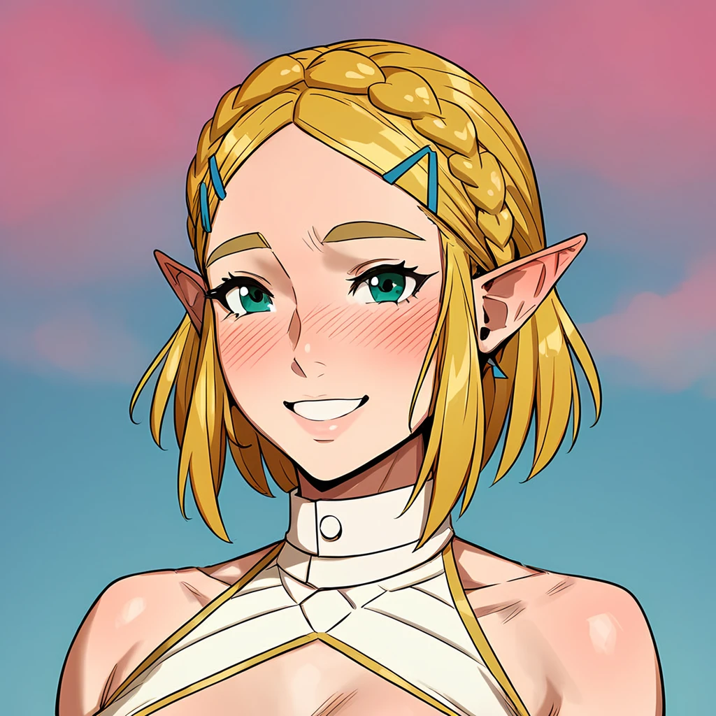 1girl, short blonde hair, face <lora:Kunaboto-Face-v1:0.8> big teal eyes, princess zelda, source_anime, sky background, blushing, smile, score_9, score_8_up, score_7_up, high quality, sharp