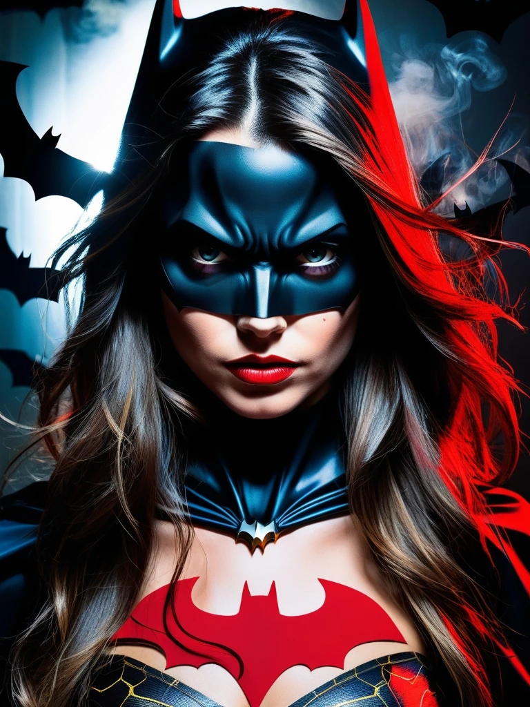 <lora:11VisualArt_Hap_XL:1.5>,Sandra Chevrier style,collage,torn paper effect ,pop art, comic book, Batman, Robin, superhero,  1girl, long hair, 43stl1ght1ng, low light, dramatic lighting, darkness, eye lighting, smoke, red light,