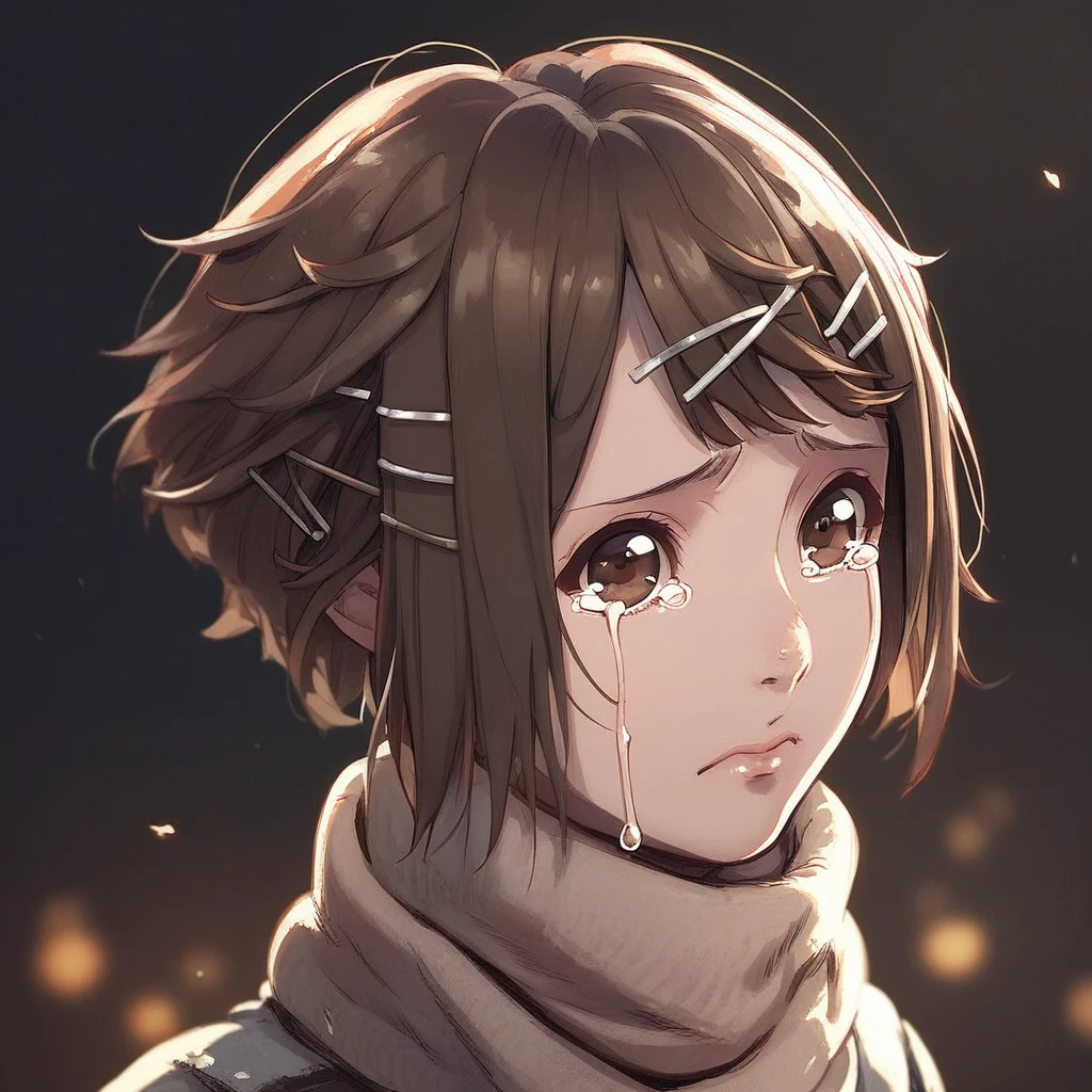 score_9, score_8_up, score_7_up, score_6_up, Zuru, Blame!, 1girl solo, looking at viewer, short hair, forest background, brown hair, hair ornament, dark background, closed mouth, brown eyes, upper body, hairclip, tears, blurry, scarf, lips, crying, x hair ornament, turtleneck