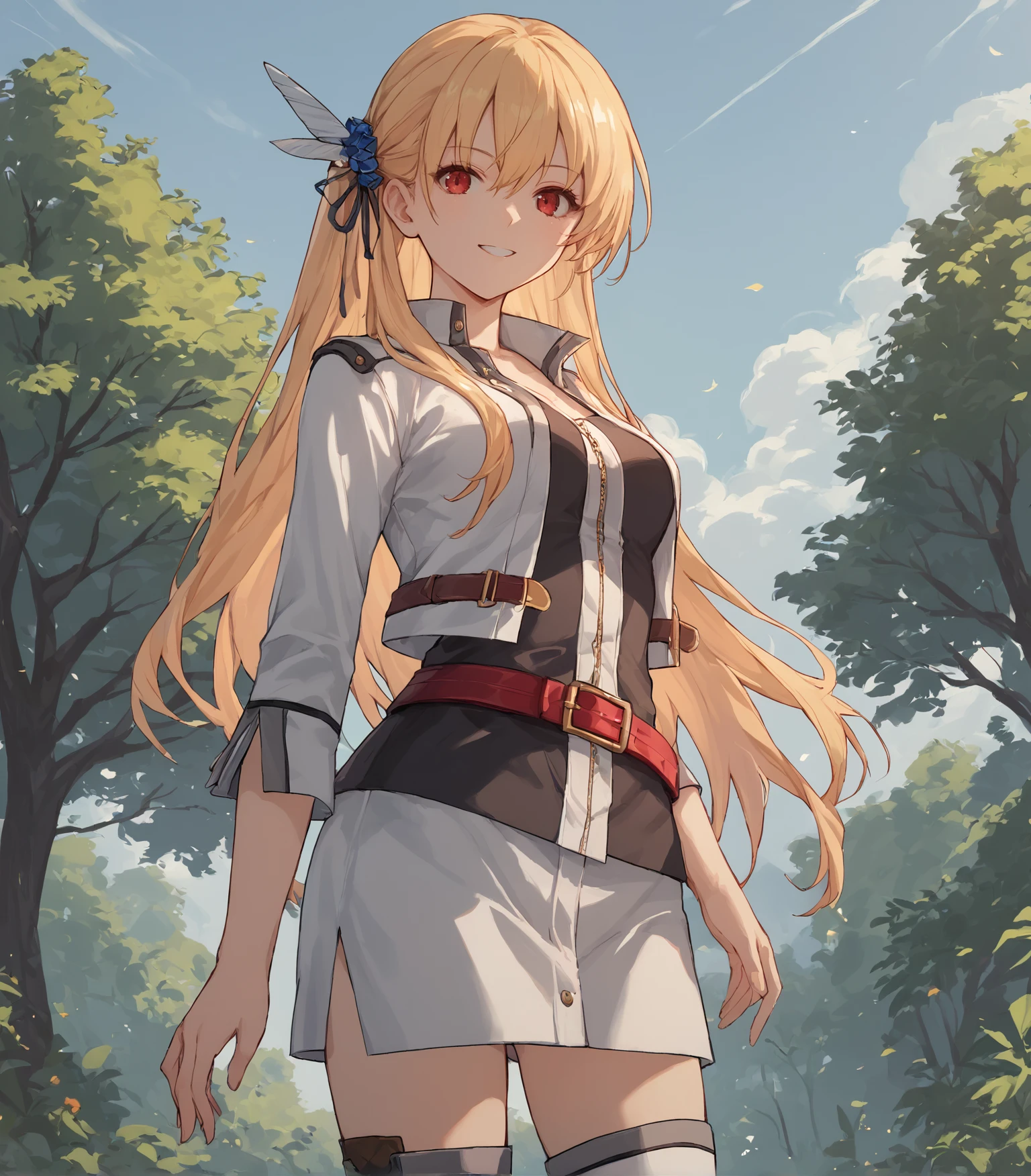 score_9, score_8_up, score_7_up, score_6_up, score_5_up, score_4_up, BREAK source_anime,
1girl, solo,  cowboy shot  looking at viewer, smile, outdoors, sky, trees, 
 <lora:AlisaReinfordCS3:0.9>, Alisa Reinford, blonde hair, long hair, red eyes, hair ornament, medium breasts, white jacket, red belt, white miniskirt, white thigh boots,