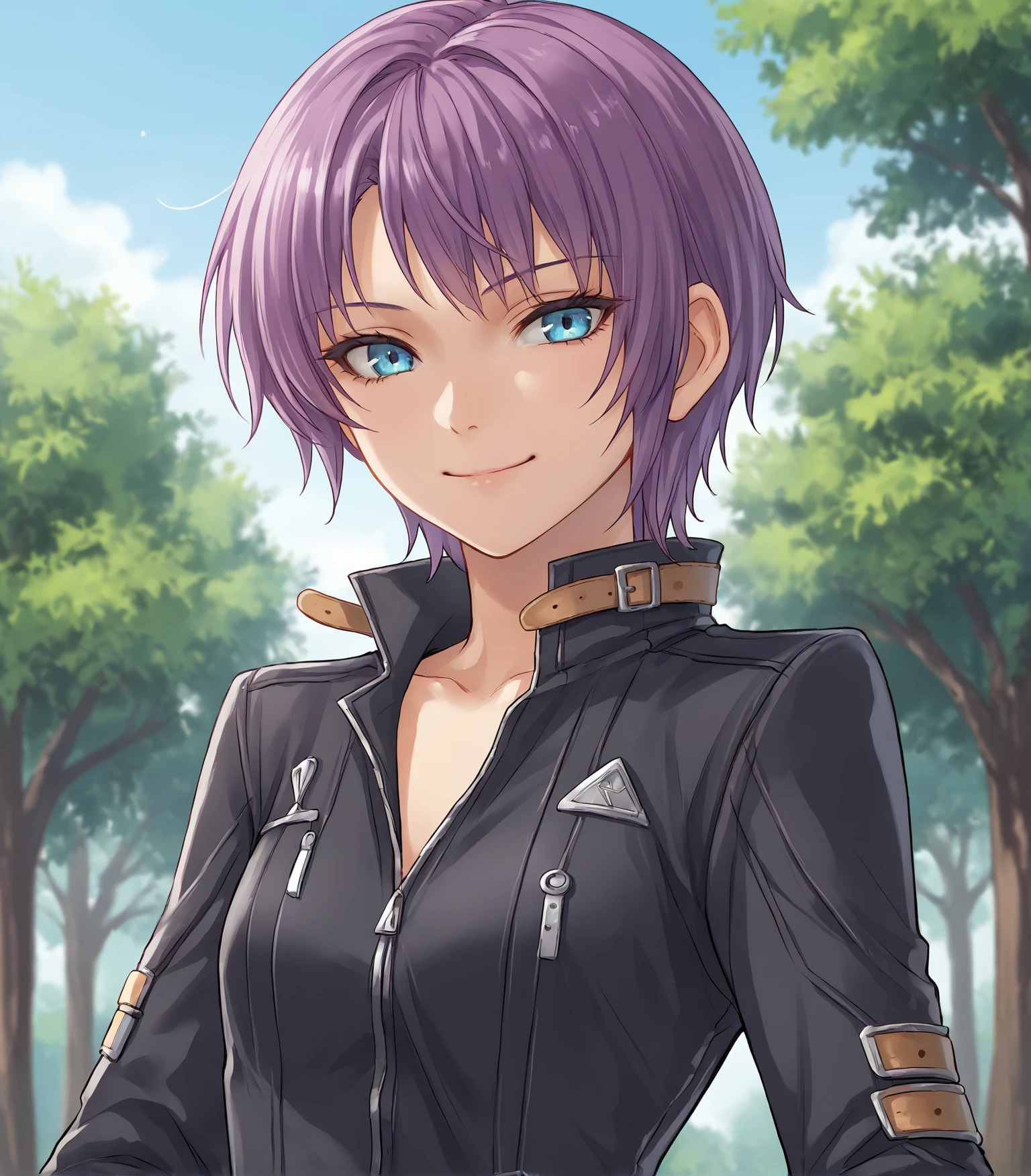 score_9, score_8_up, score_7_up, score_6_up, score_5_up, score_4_up, BREAK source_anime,
1girl, solo,  upper body, portrait  looking at viewer, smile, outdoors, sky, trees, 
<lora:Racoonkun_Artist_Style:0.6>, racoonsan,,  
 <lora:AngelicaCS2:0.9>, Angelica Rogner, purple hair, short hair, blue eyes, black bodysuit, black boots, belt,