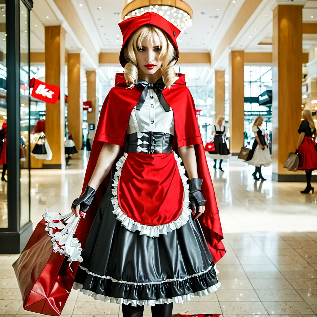 sfw, masterpiece, best quality,absurderes,raw photo,cinematic shot,professional photography,film grain,full body,standing,1girl,solo,chaperomon, maid dress, hair over eyes,blonde hair,red hood,indoors,shopping mall,holding bag, <lora:ChaperomonXL:1>