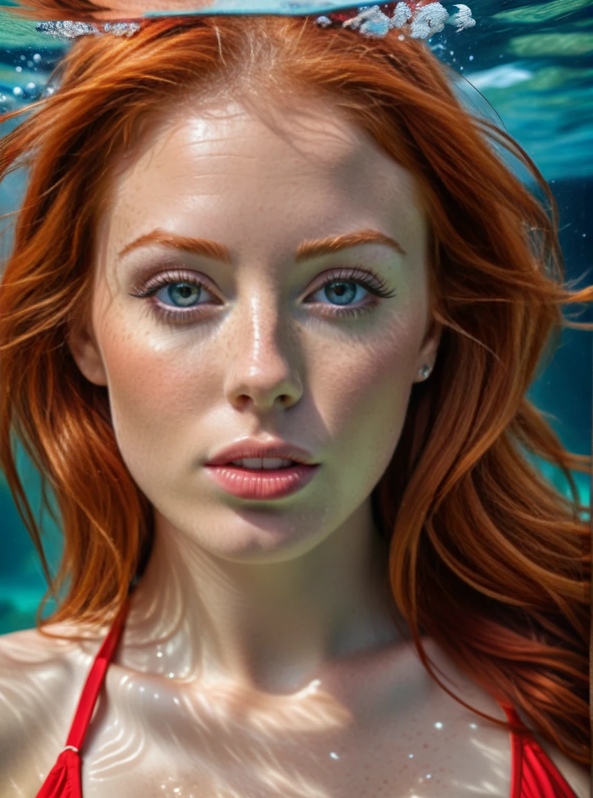 hyper-realistic portrait of a upclose Photograph of a female, with red hair Sitting and she is Wearing a bikini, she is in a highly detailed underwater scene Highly detailed gorgeous face, perfect features