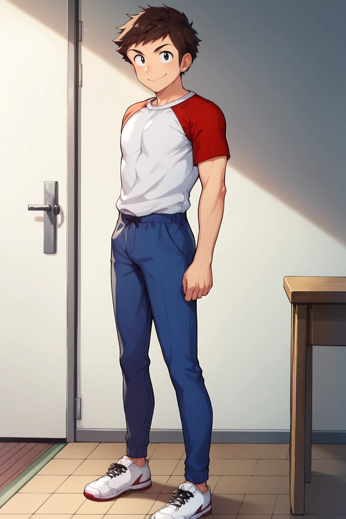 score_9, score_8_up, score_7_up, score_6_up, BREAK, AtaroMoroboshiUYXL, black eyes, brown hair, short hair, pectorals, white shirt, red raglan sleeves, short sleeves, blue pants, white shoes, solo, full body, standing, seductive smile, looking at viewer, indoors  <lora:AtaroMoroboshiUYXL:1>