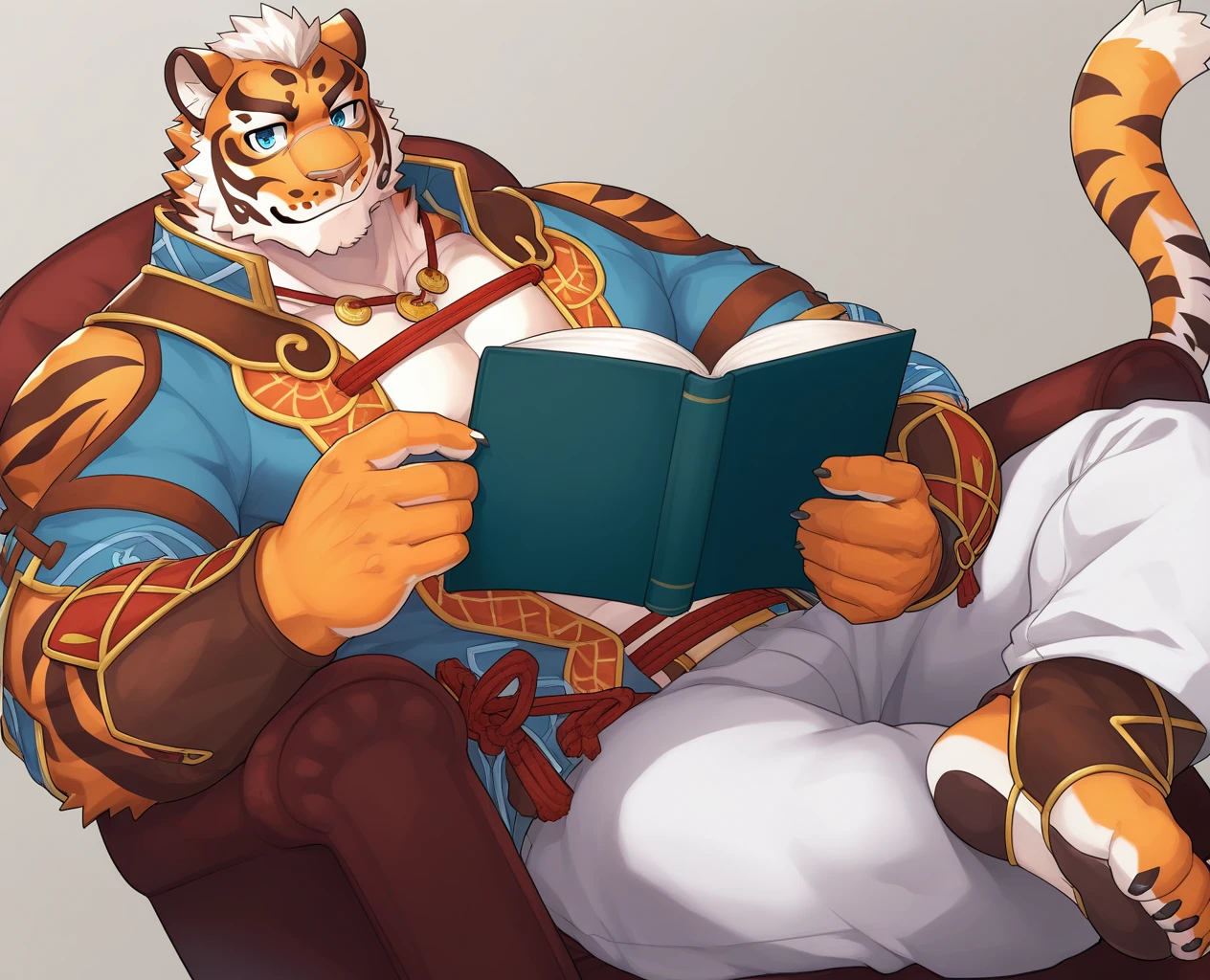 1boy,male focus,solo,bara,muscular male,pectorals,furry,book,tiger ears,holding book,sitting,looking at viewer,pectoral cleavage,large pectorals,orange fur,short hair,reading,pants,transparent background,holding,open book,medium_shot,looking_at_viewer,cinematic_angle,dutch angle,red rope,clothing cutout,scar on face,three copper coins,necklace,official clothes,(linhu:1.2),toeless boots,full_shot,(white pants:1.1),<lora:linhu-000006:0.7>,