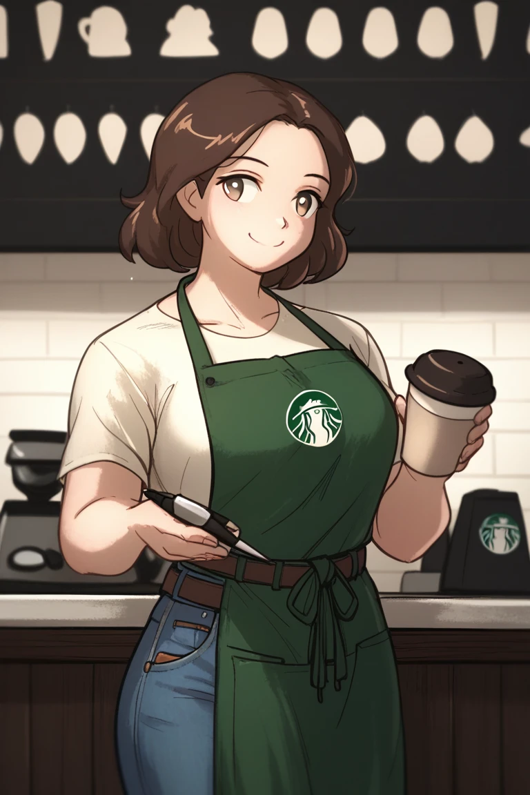 score_9, score_8, score_7, 1girl, barista, apron, belt, brown hair,highres, looking ahead, original, jeans, upper body,coffee cup, smile, solo, smartwatch,ironlilyStyle