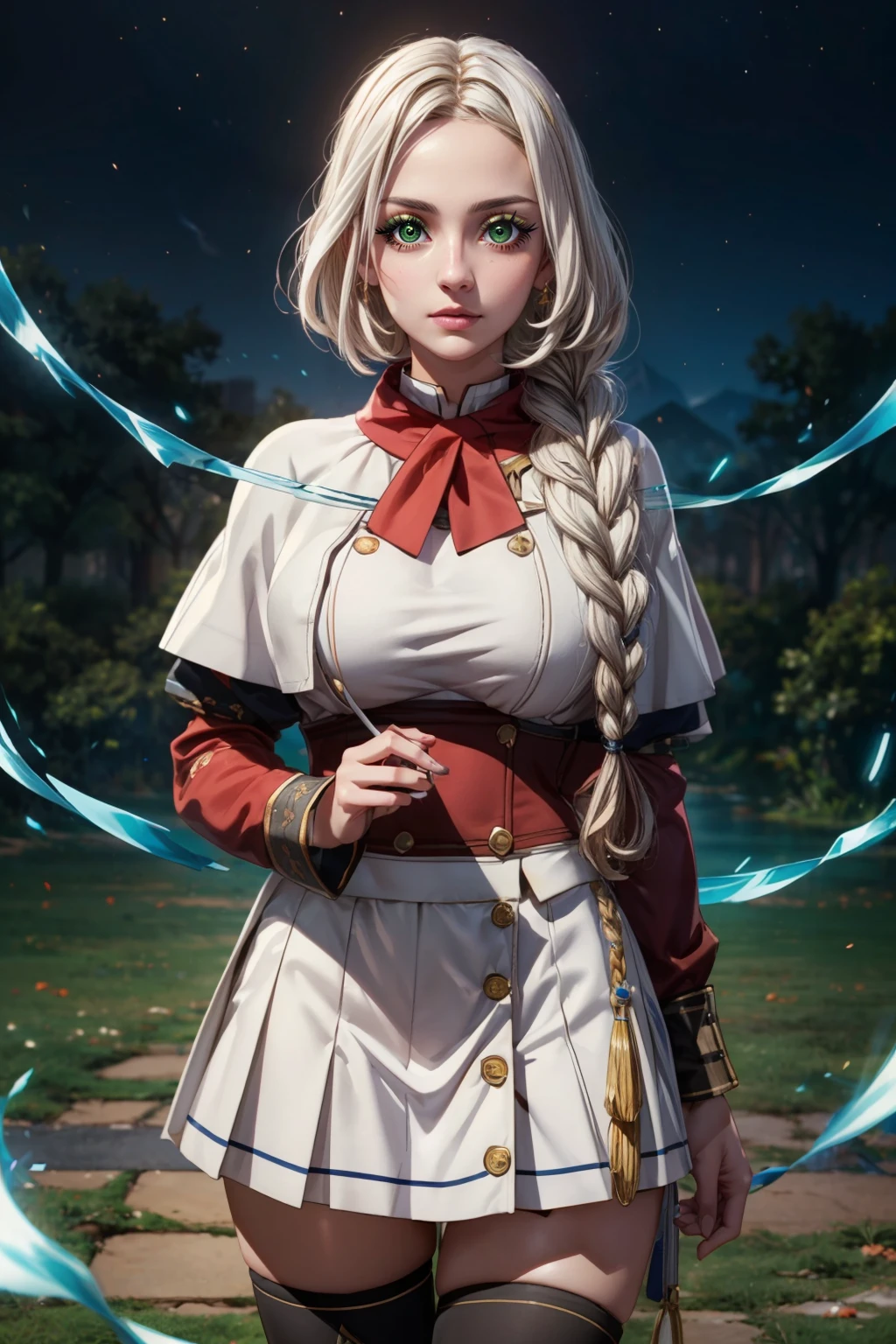 (ultra realistic,32k, masterpiece:1.2),(high detailed skin:1.1),( high quality:1.1), BREAK,   <lora:YuriUllen_kumodesuga:0.5>,   zzYuri, long hair, green eyes, braid, white hair, single braid,  capelet, long sleeves, white skirt, black thighhighs, zettai ryouiki,  BREAK,  blooming stars, luminescent petals, otherworldly fragrance blurry background, (looking at viewer, standing:1.1), huge breast, large breast, <lora:add_detail:0.92>, (glowwave:1.1),