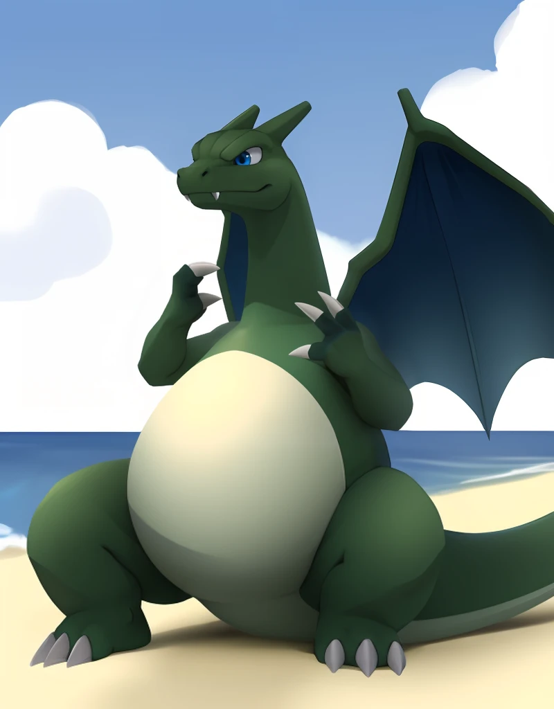 (((detailed eyes, detailed face))), ((feral, green charizard <lora:character_charizard_ssb_findigo_v1:0.9>, green skin, green wings, blue eyes, white claws, 3 fingers), flame-tipped tail, fangs out), male, (solo), (plump, fat, chubby, overweight), (nude), sitting, (spreading legs), smile, (front view) BREAK (konzaburou, ukan_muri), beach, (flat shading, flat color, high brightness), 8k, UHD, masterpiece, (full body)