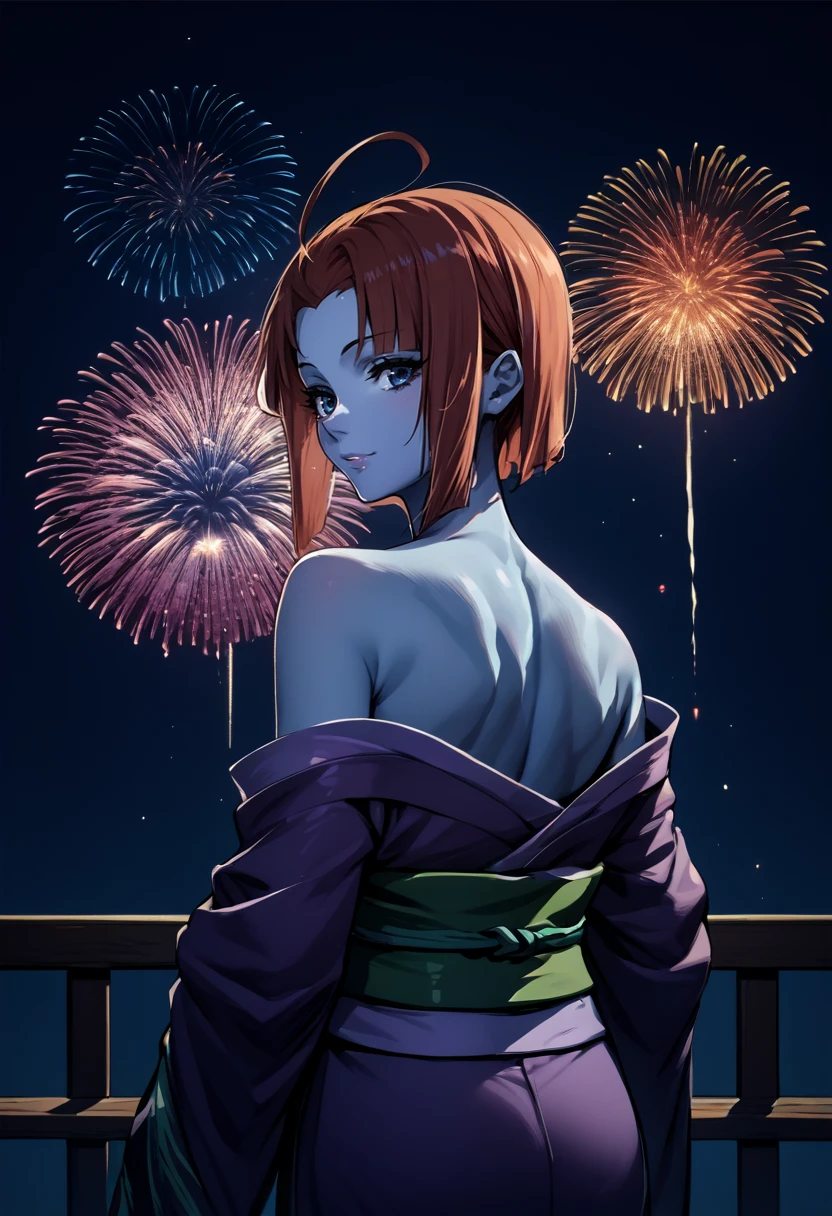 score_9, score_8_up, score_7_up, source_anime, from behind, solo, 1girl, melda deitz, blue skin, light smile, looking back, ahoge, japanese clothes, purple kimono, off shoulder, green sash, bare shoulders, fireworks <lora:spacebattleship_deitz_ponyXL:1>